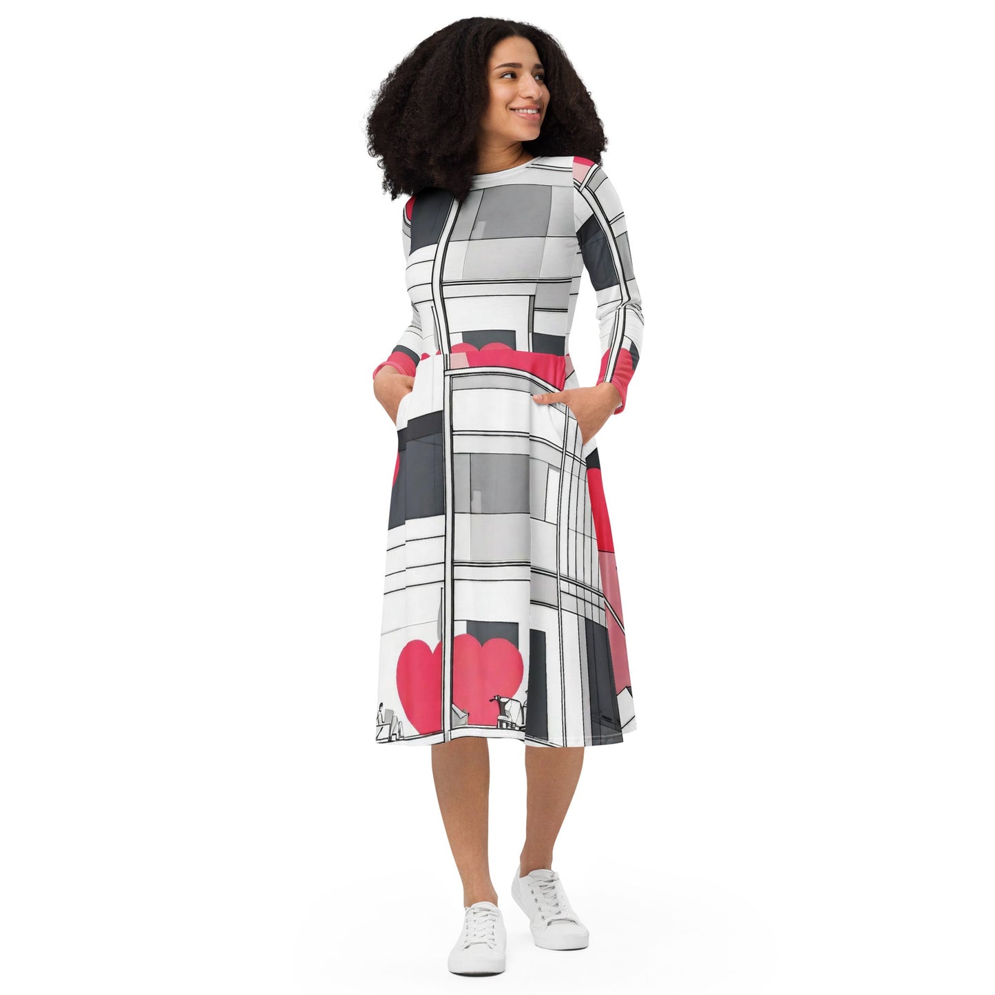 All-over print long sleeve midi dress