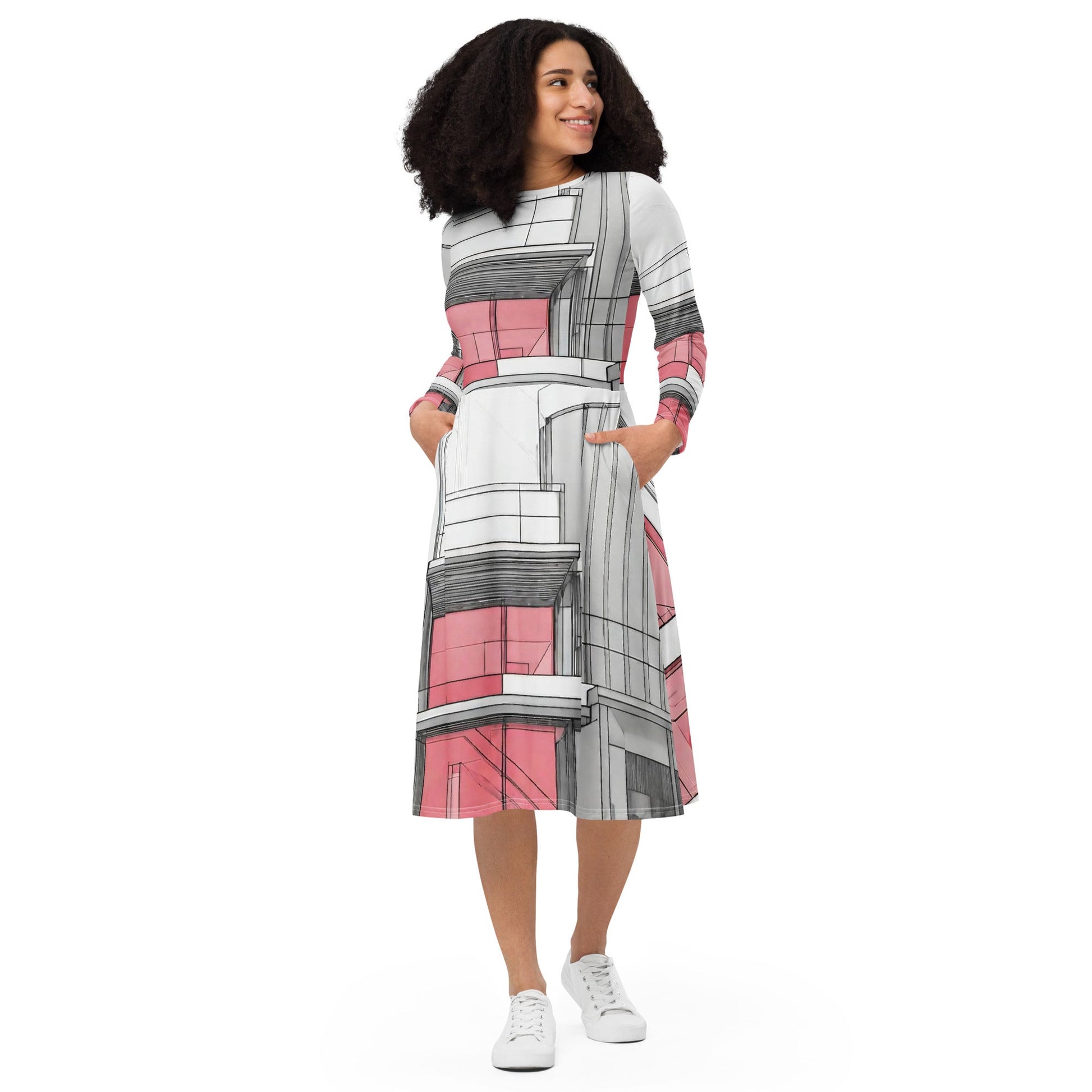 All-over print long sleeve midi dress