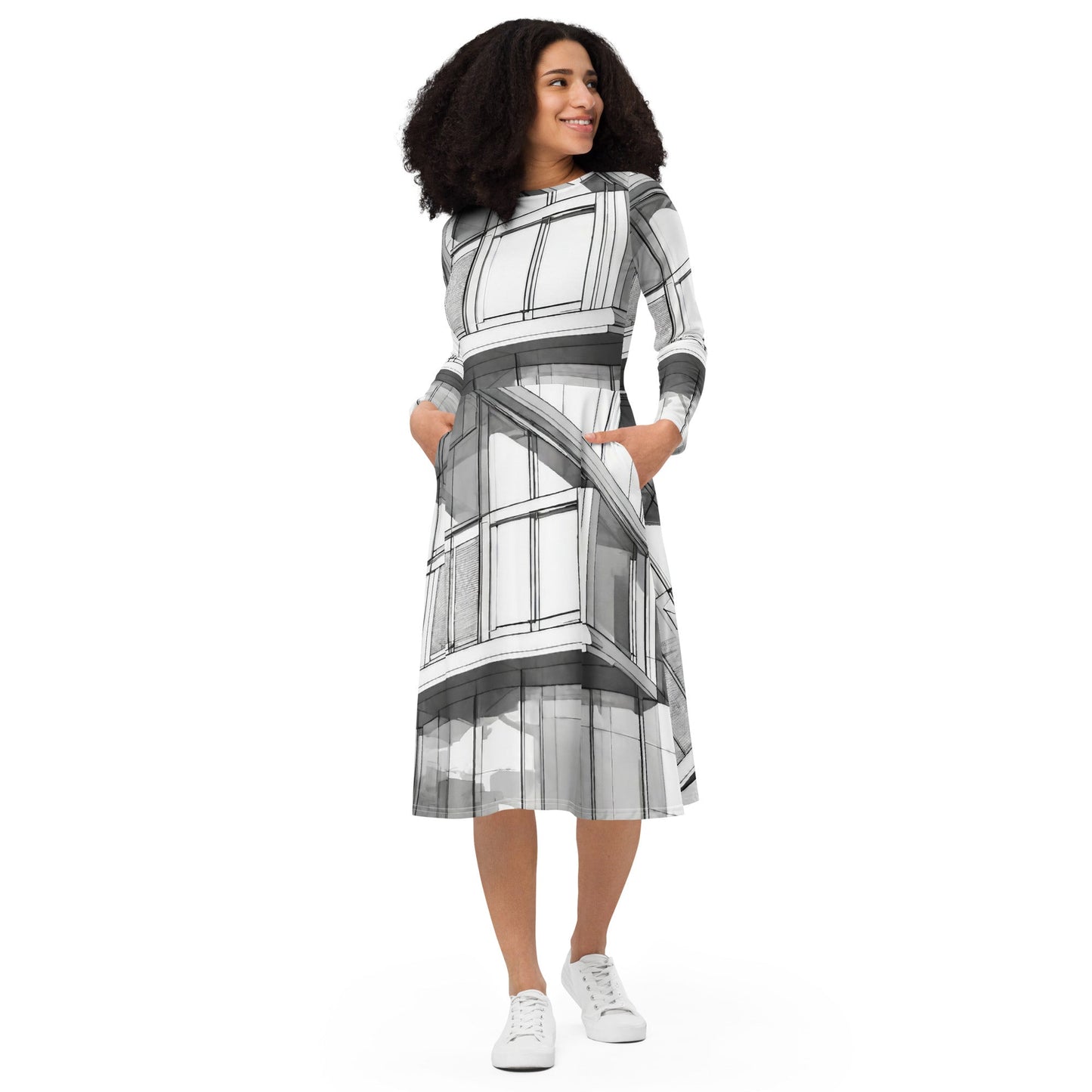 All-over print long sleeve midi dress