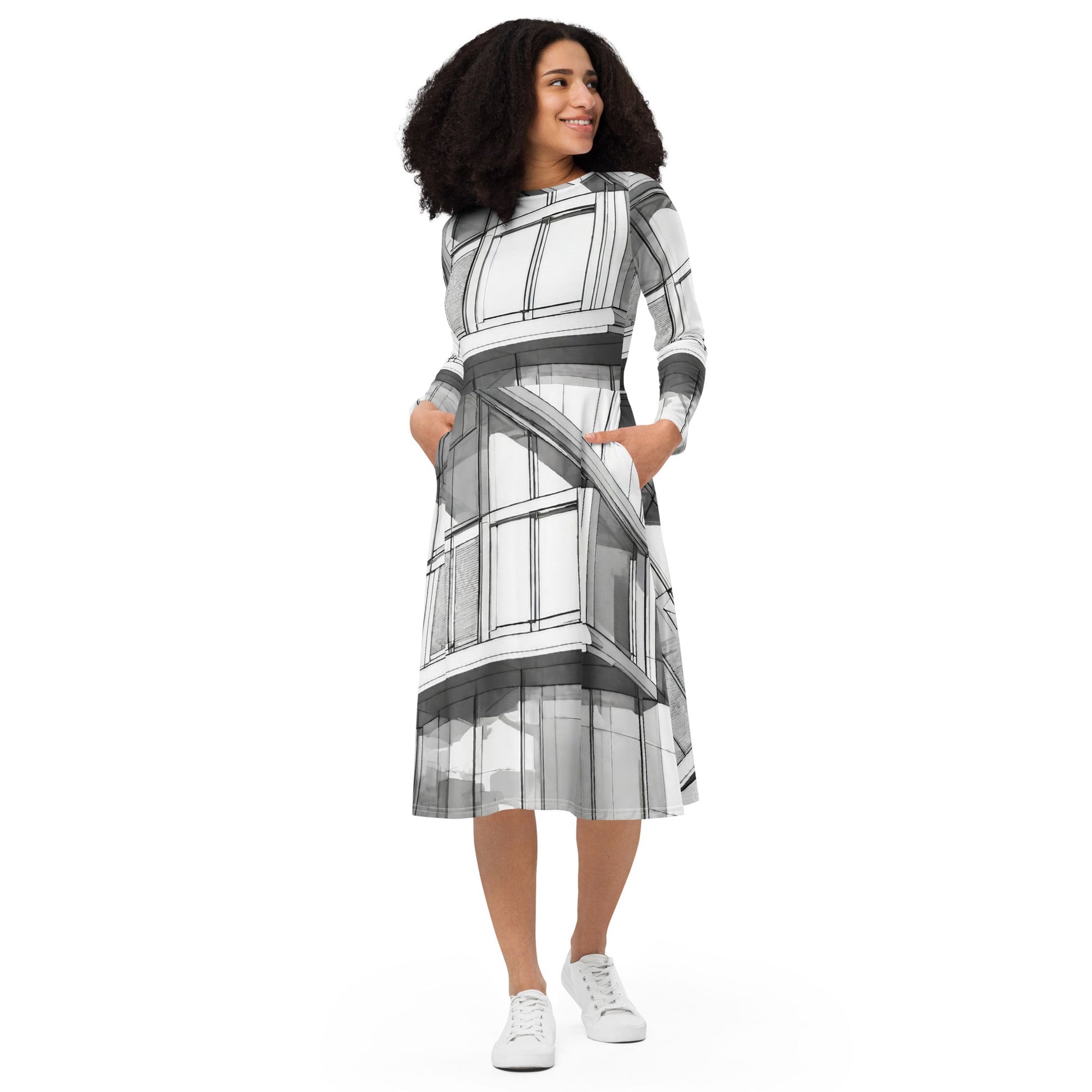 All-over print long sleeve midi dress