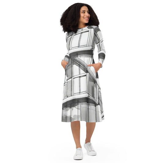 All-over print long sleeve midi dress