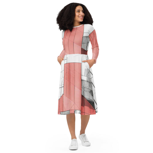 All-over print long sleeve midi dress
