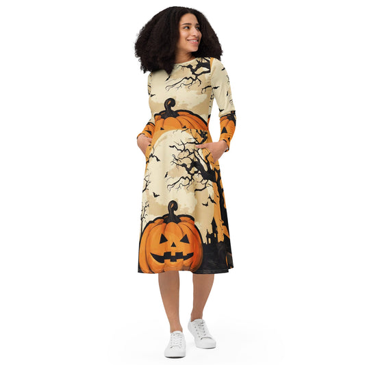 All-over print long sleeve midi dress