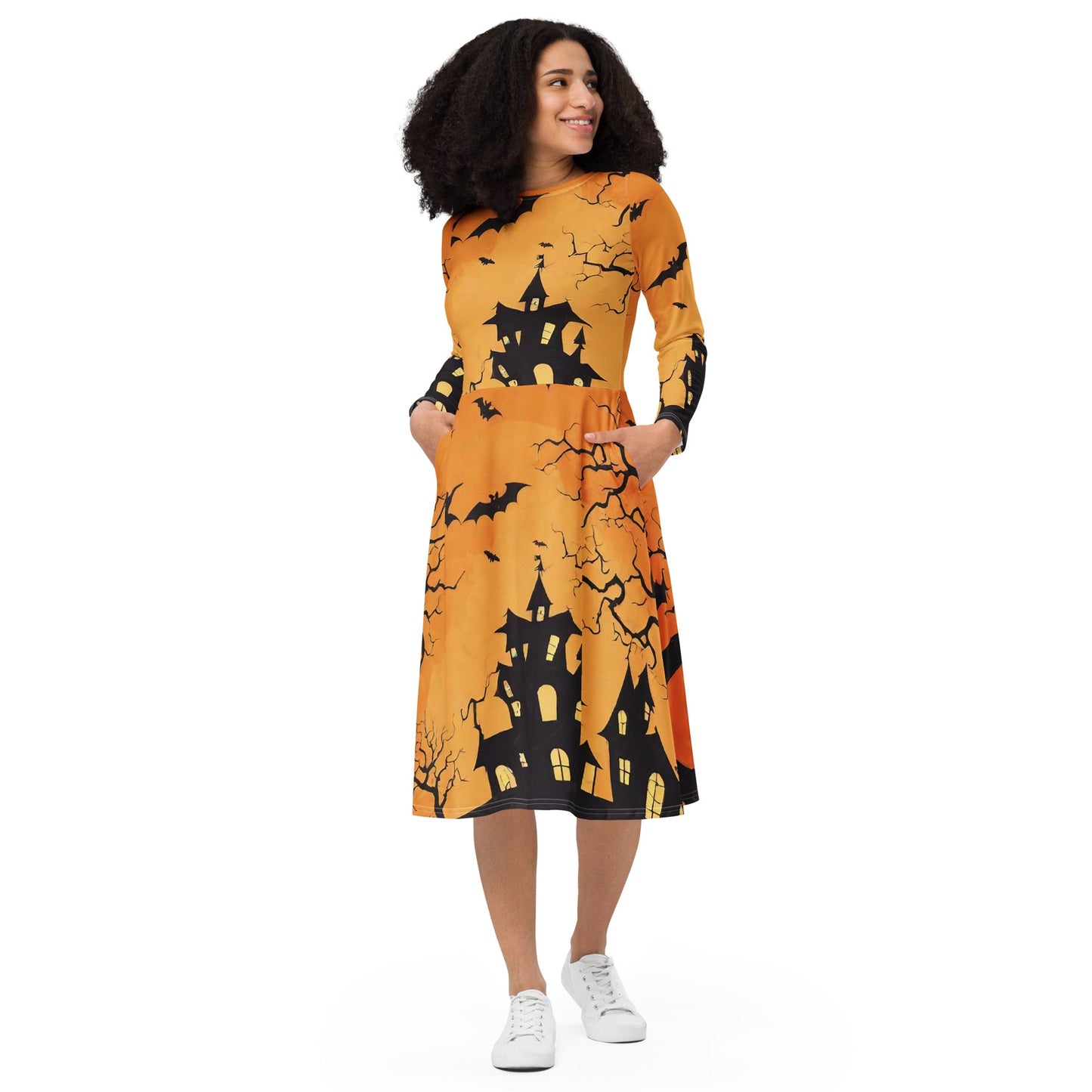 All-over print long sleeve midi dress