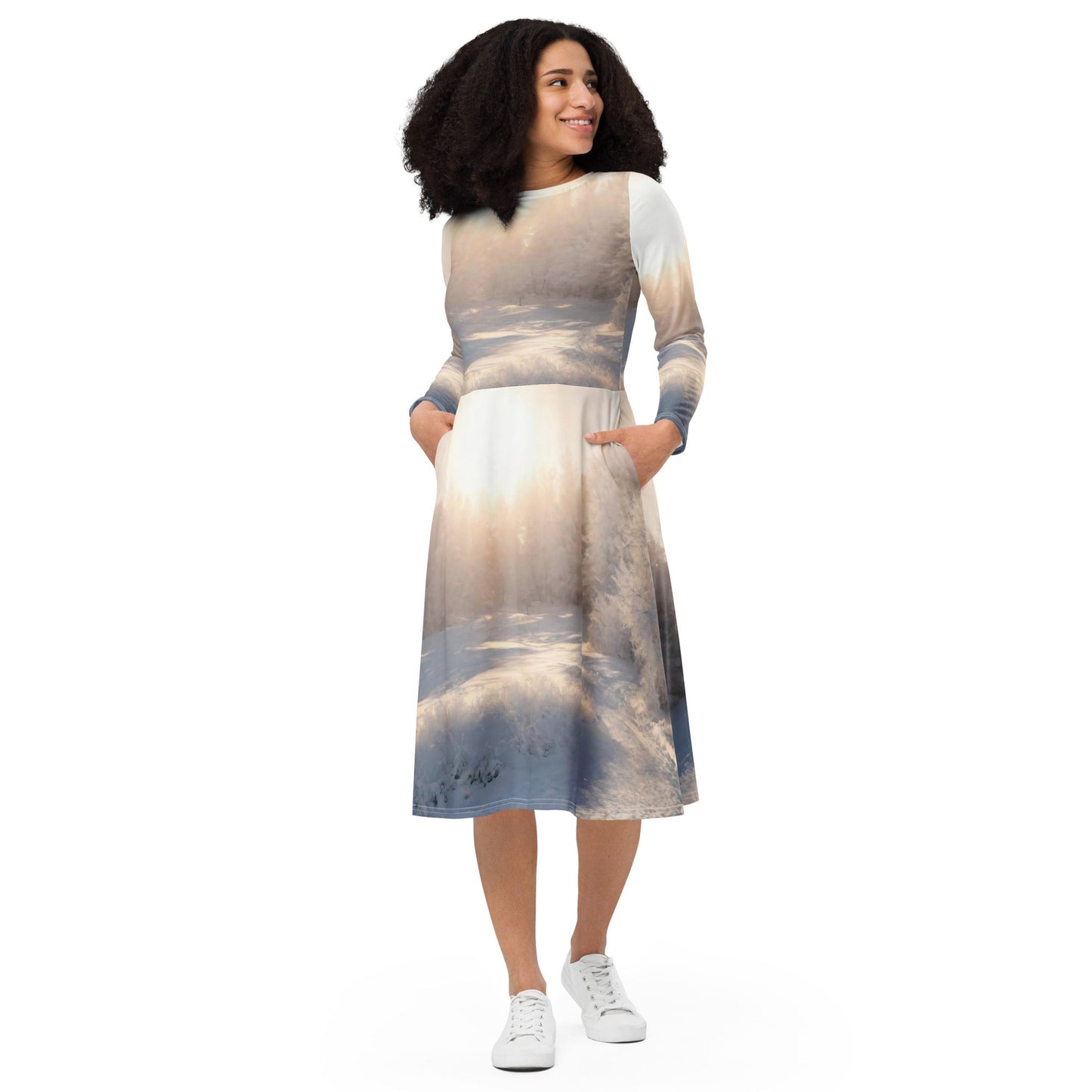 All-over print long sleeve midi dress