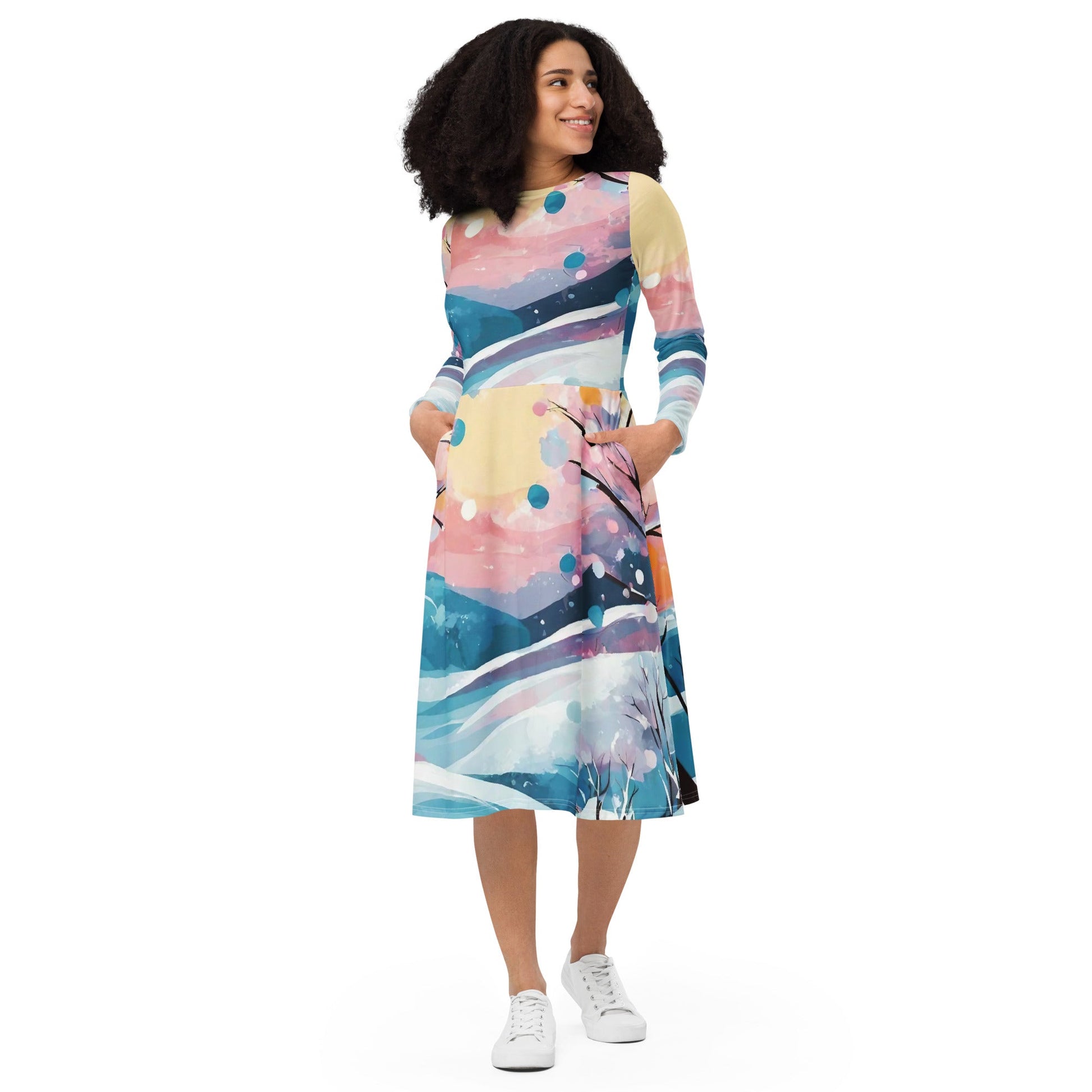 All-over print long sleeve midi dress