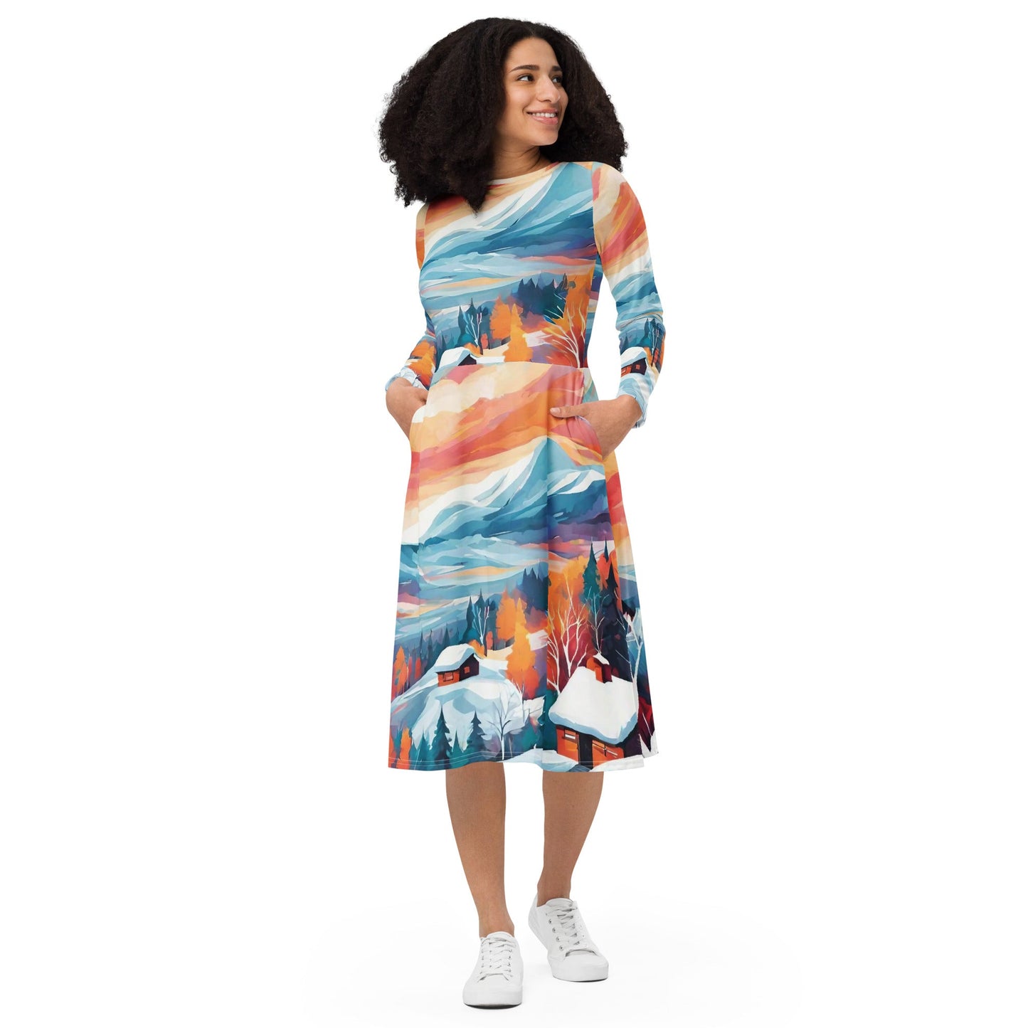 All-over print long sleeve midi dress