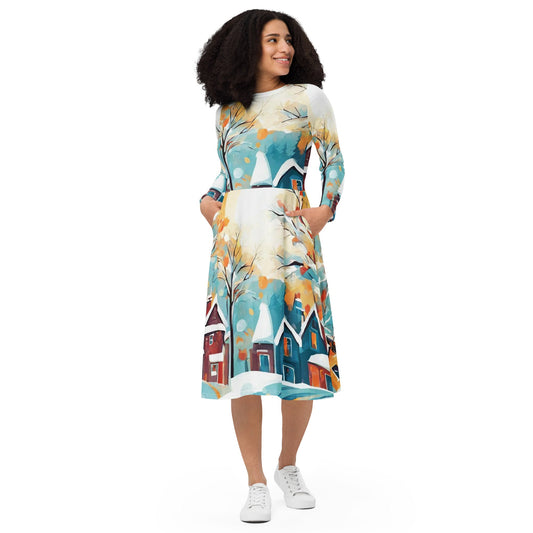 All-over print long sleeve midi dress