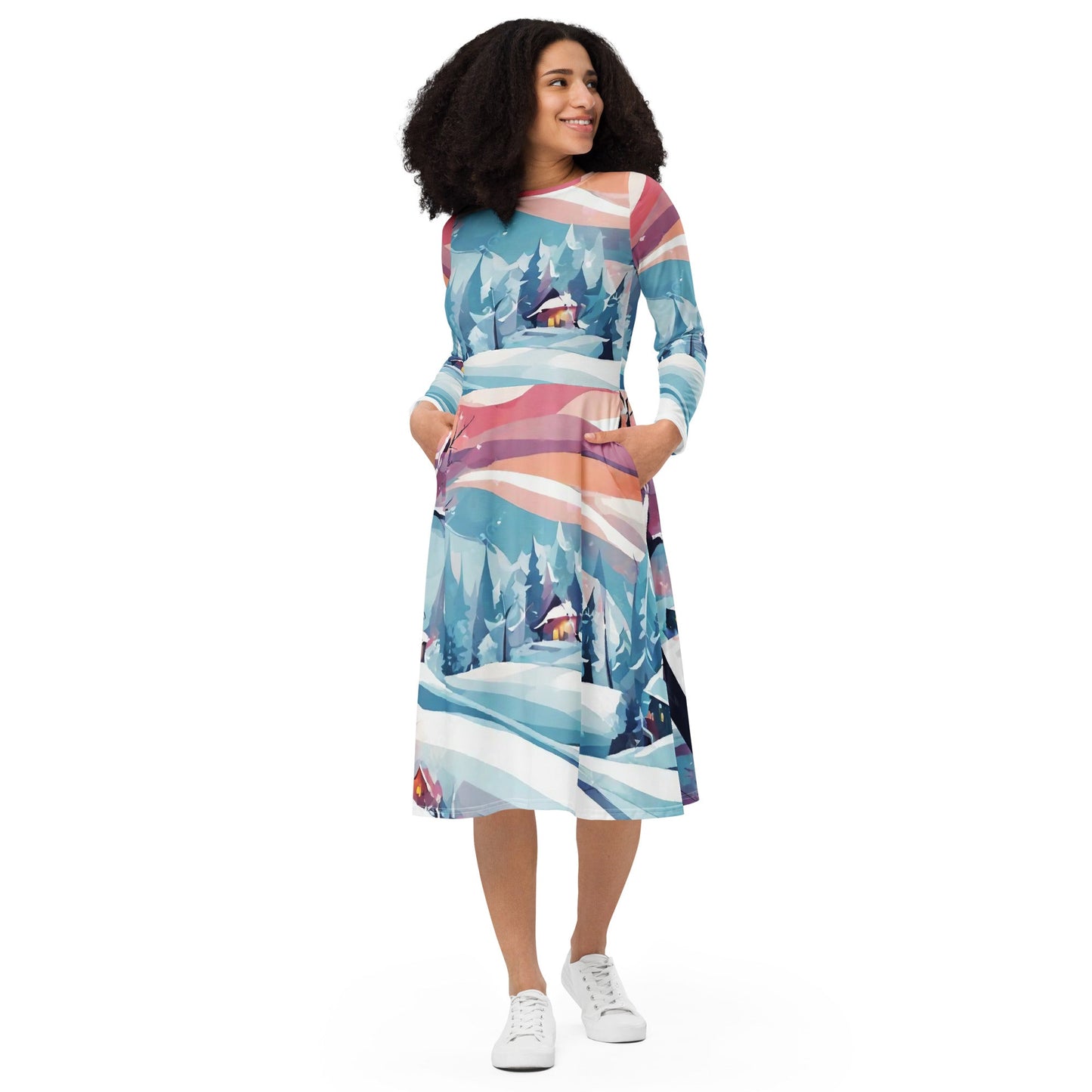 All-over print long sleeve midi dress