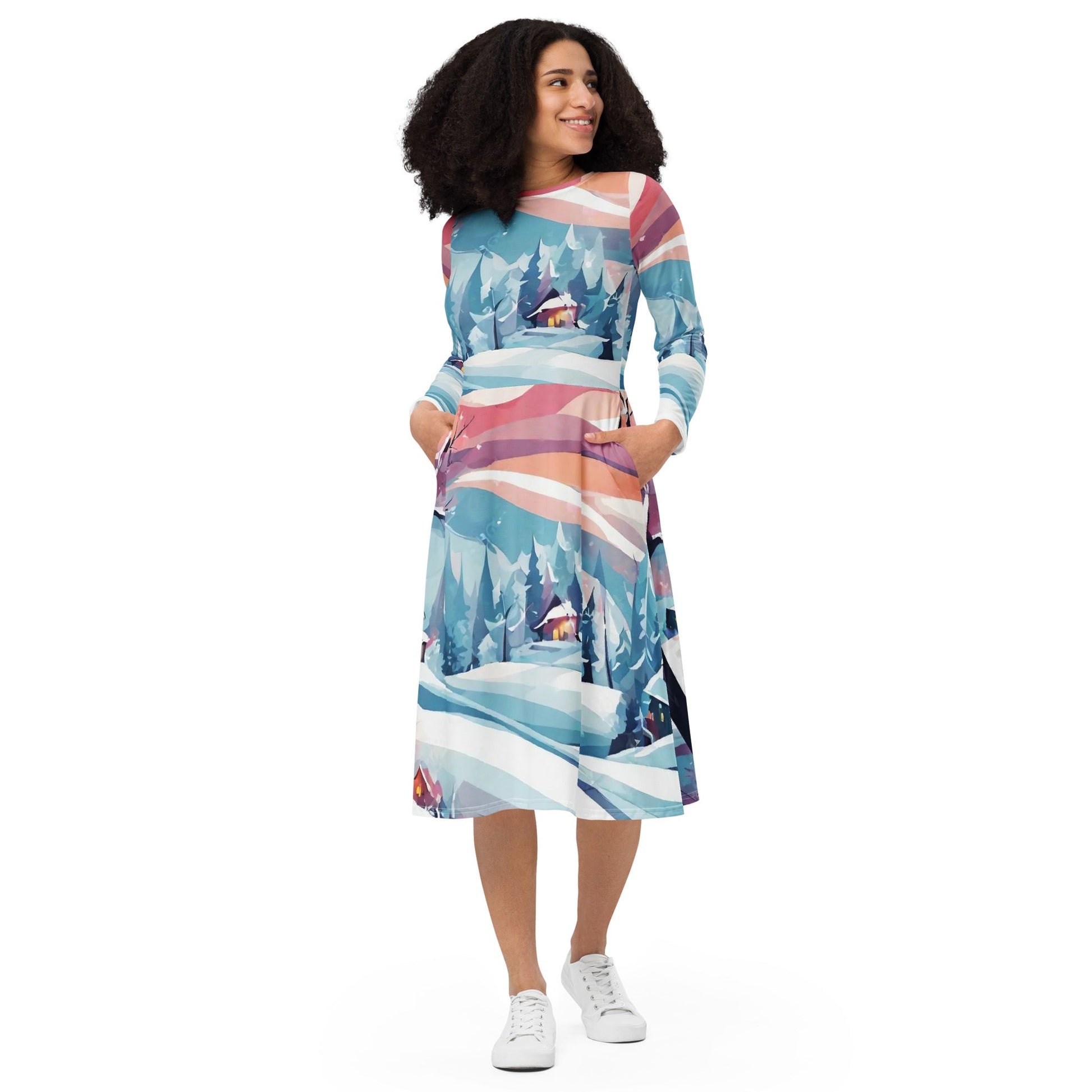 All-over print long sleeve midi dress