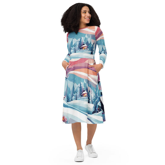 All-over print long sleeve midi dress