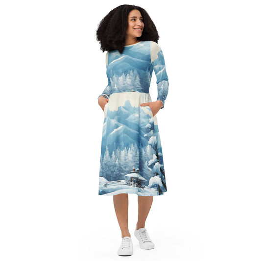 All-over print long sleeve midi dress