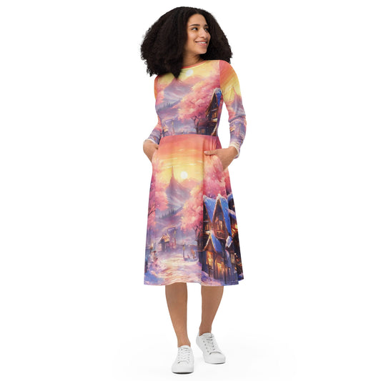 All-over print long sleeve midi dress