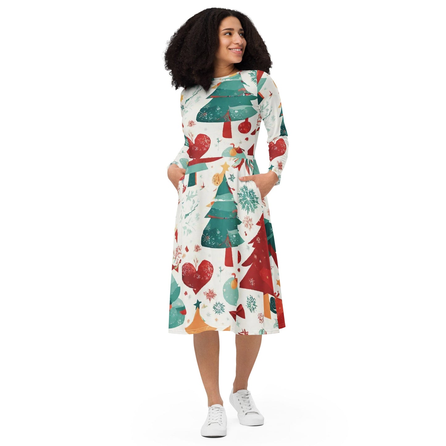 All-over print long sleeve midi dress