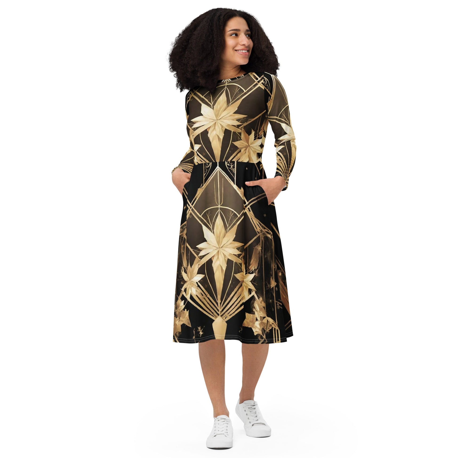 All-over print long sleeve midi dress