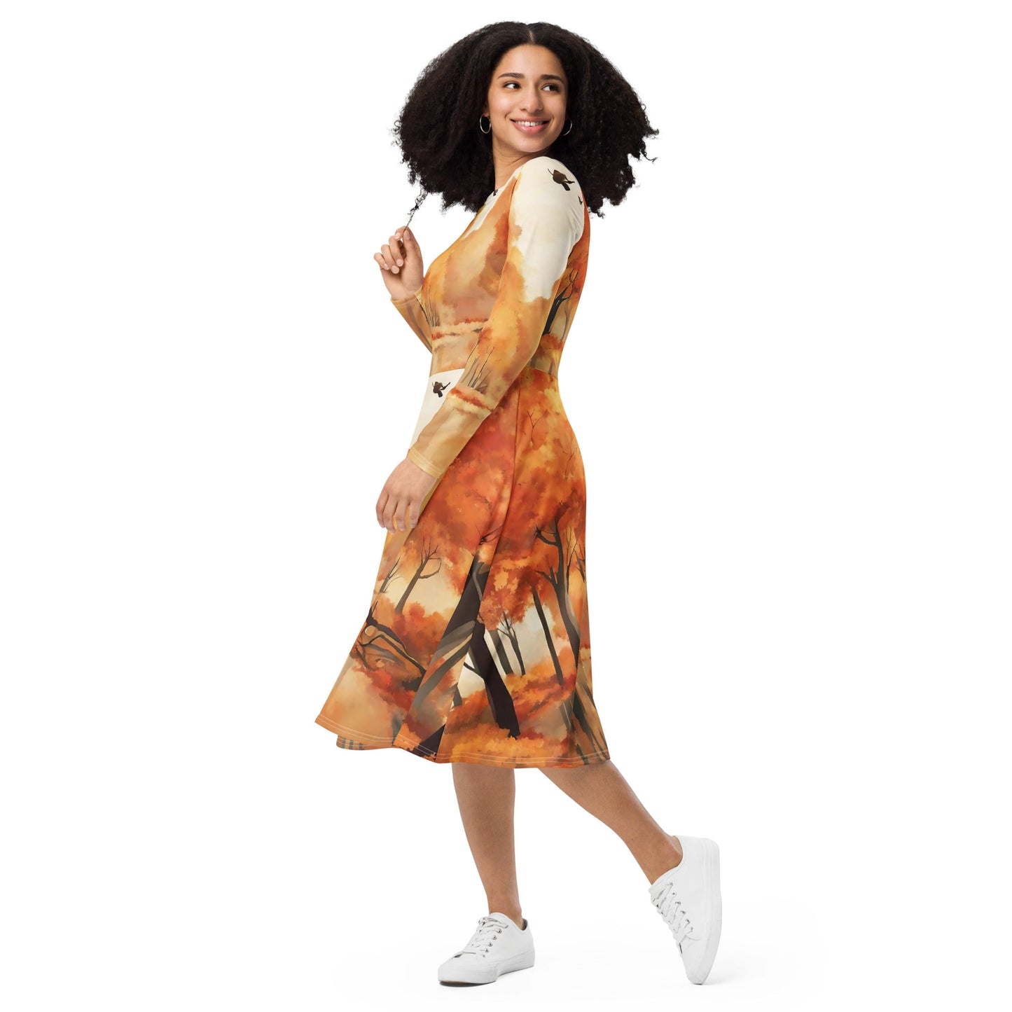 All-over print long sleeve midi dress