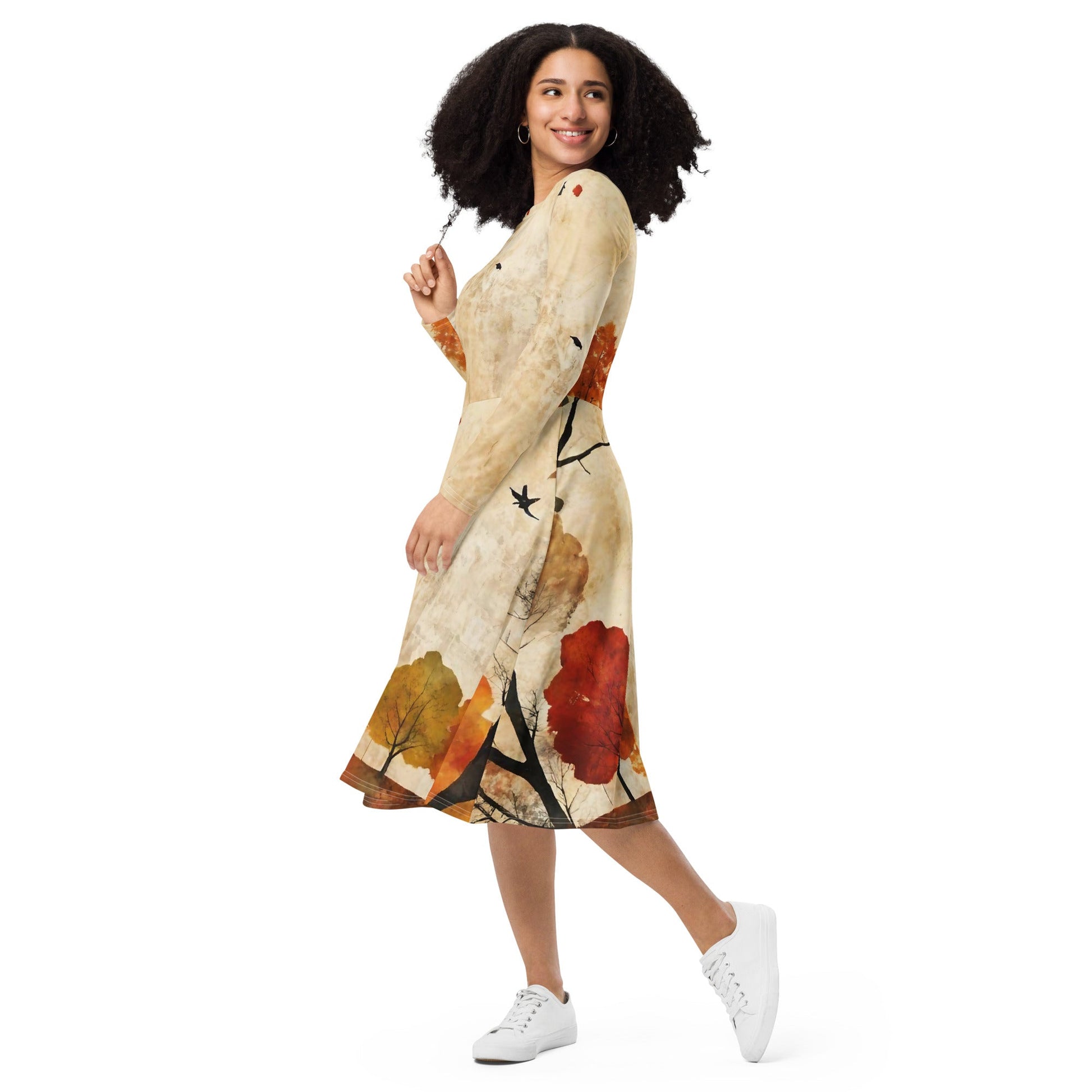 All-over print long sleeve midi dress