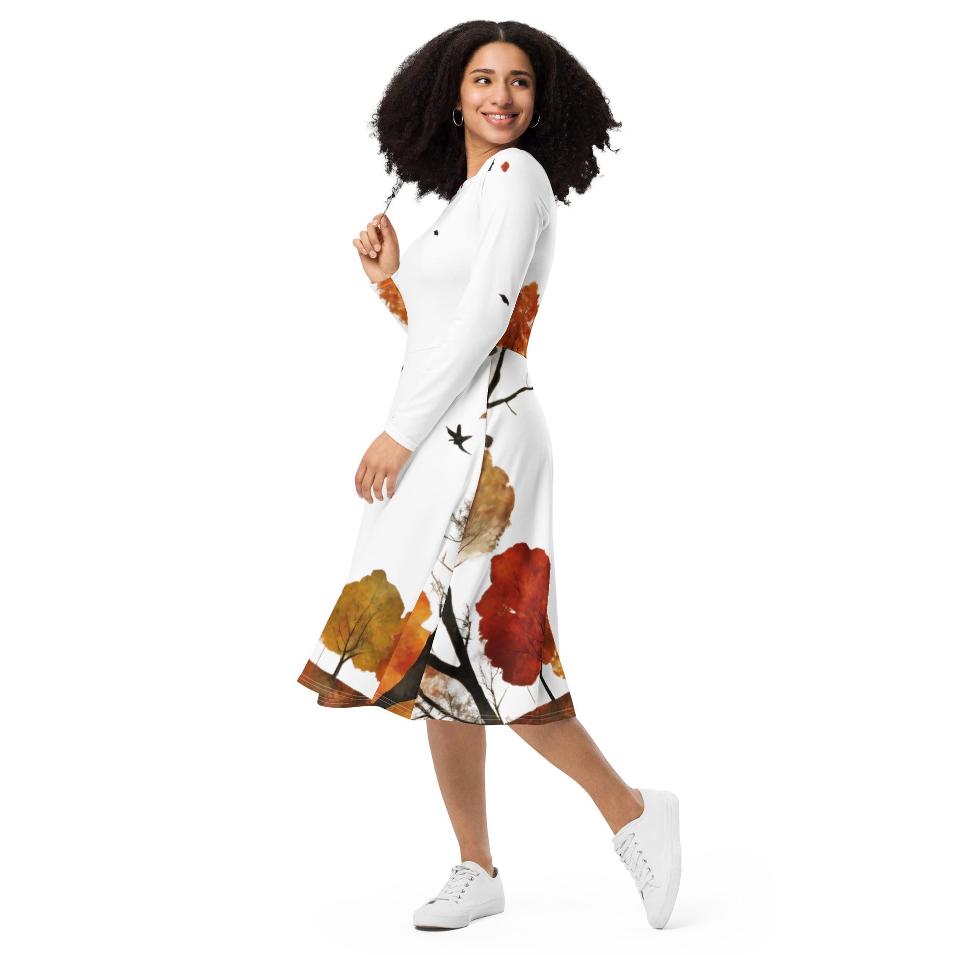 All-over print long sleeve midi dress