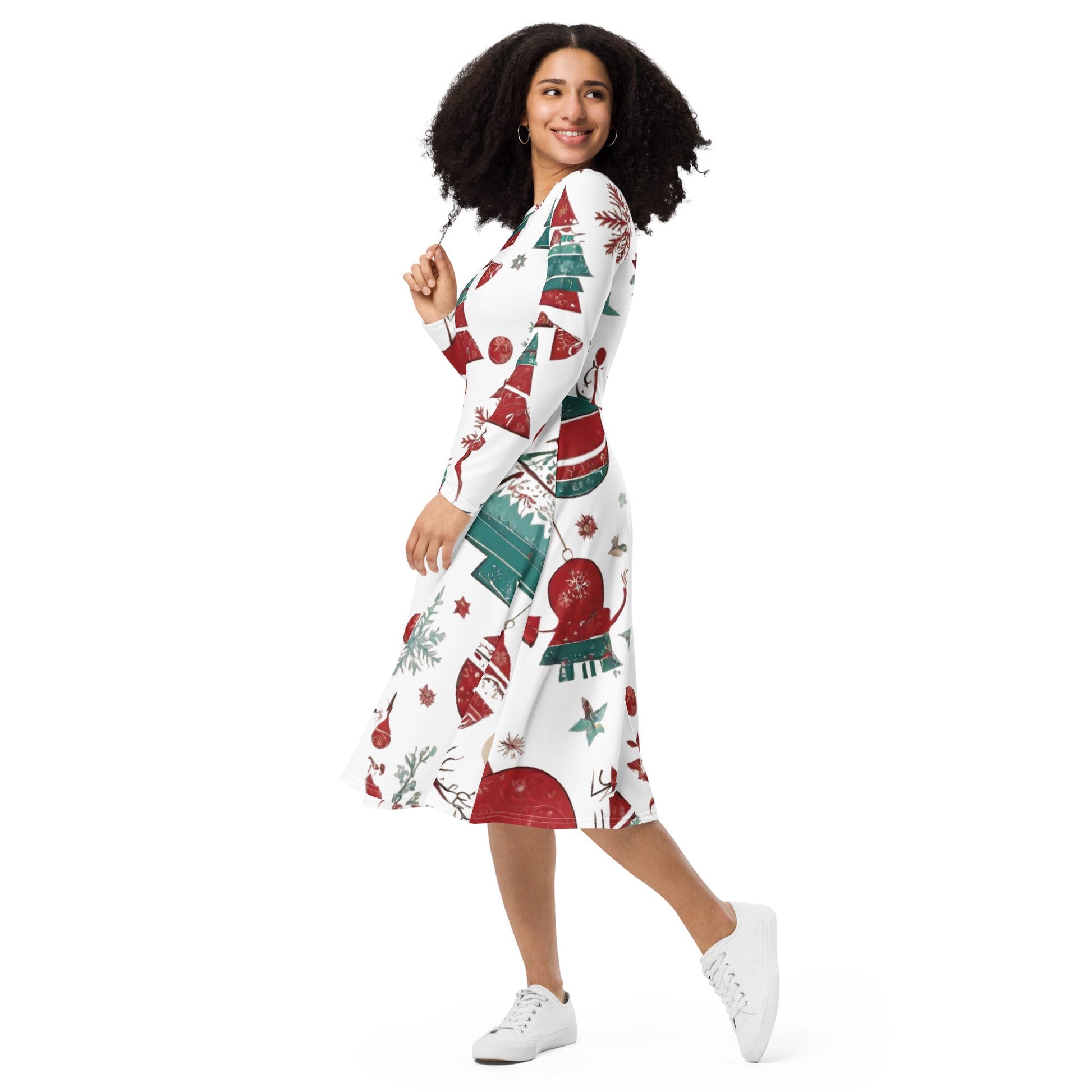 All-over print long sleeve midi dress