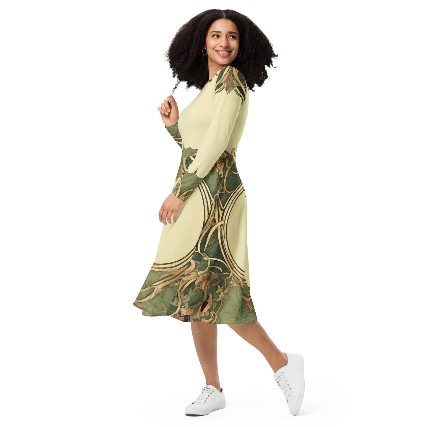 All-over print long sleeve midi dress