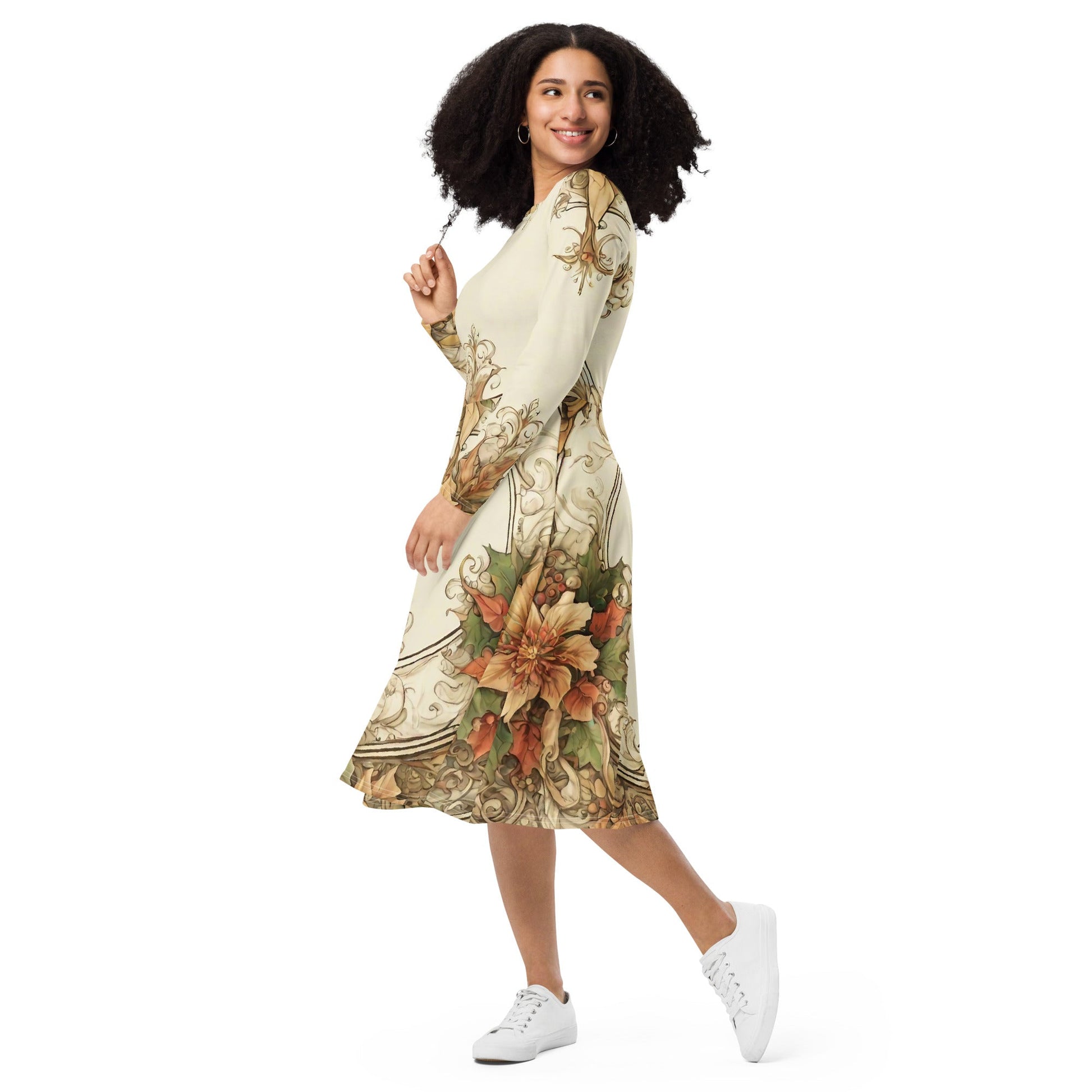 All-over print long sleeve midi dress