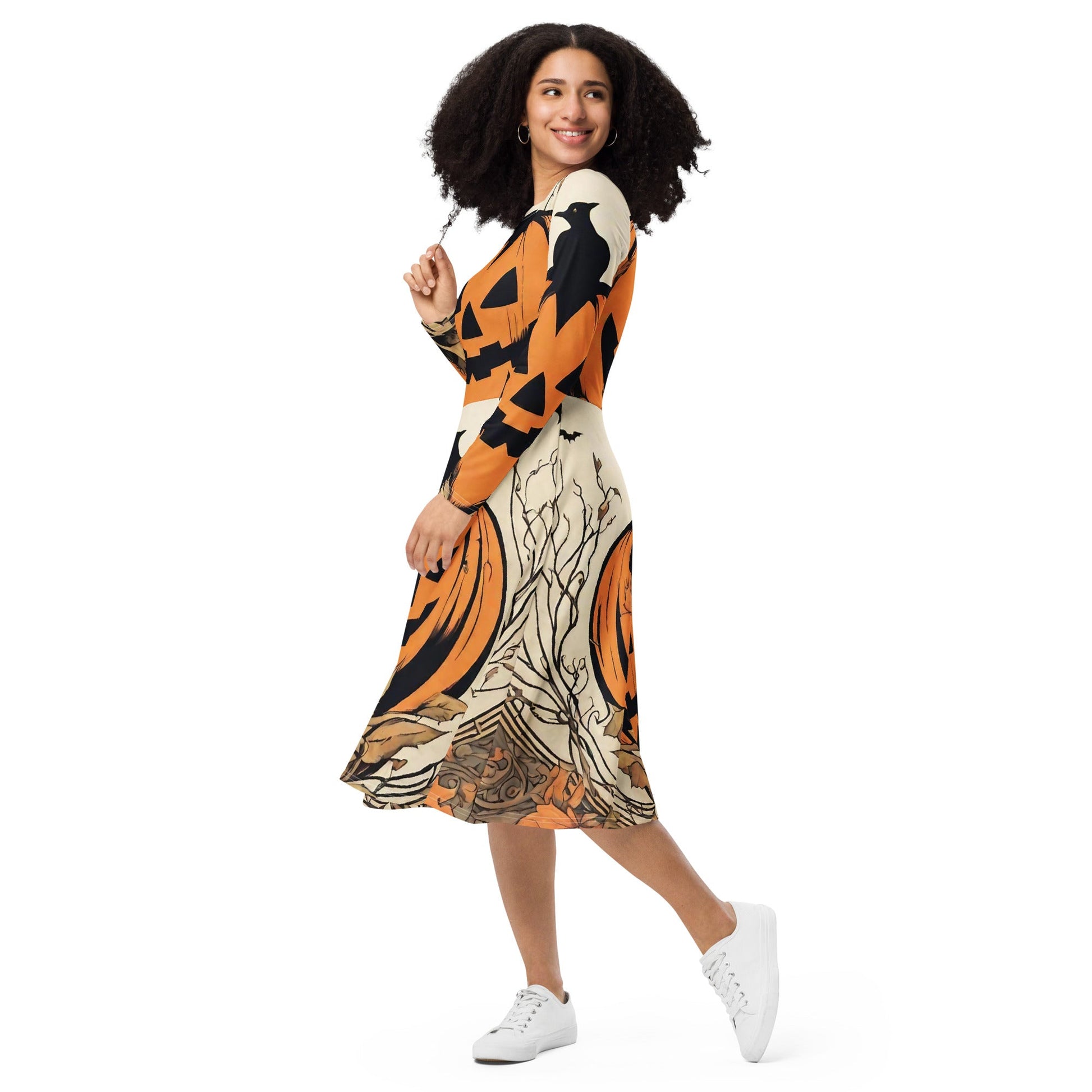 All-over print long sleeve midi dress