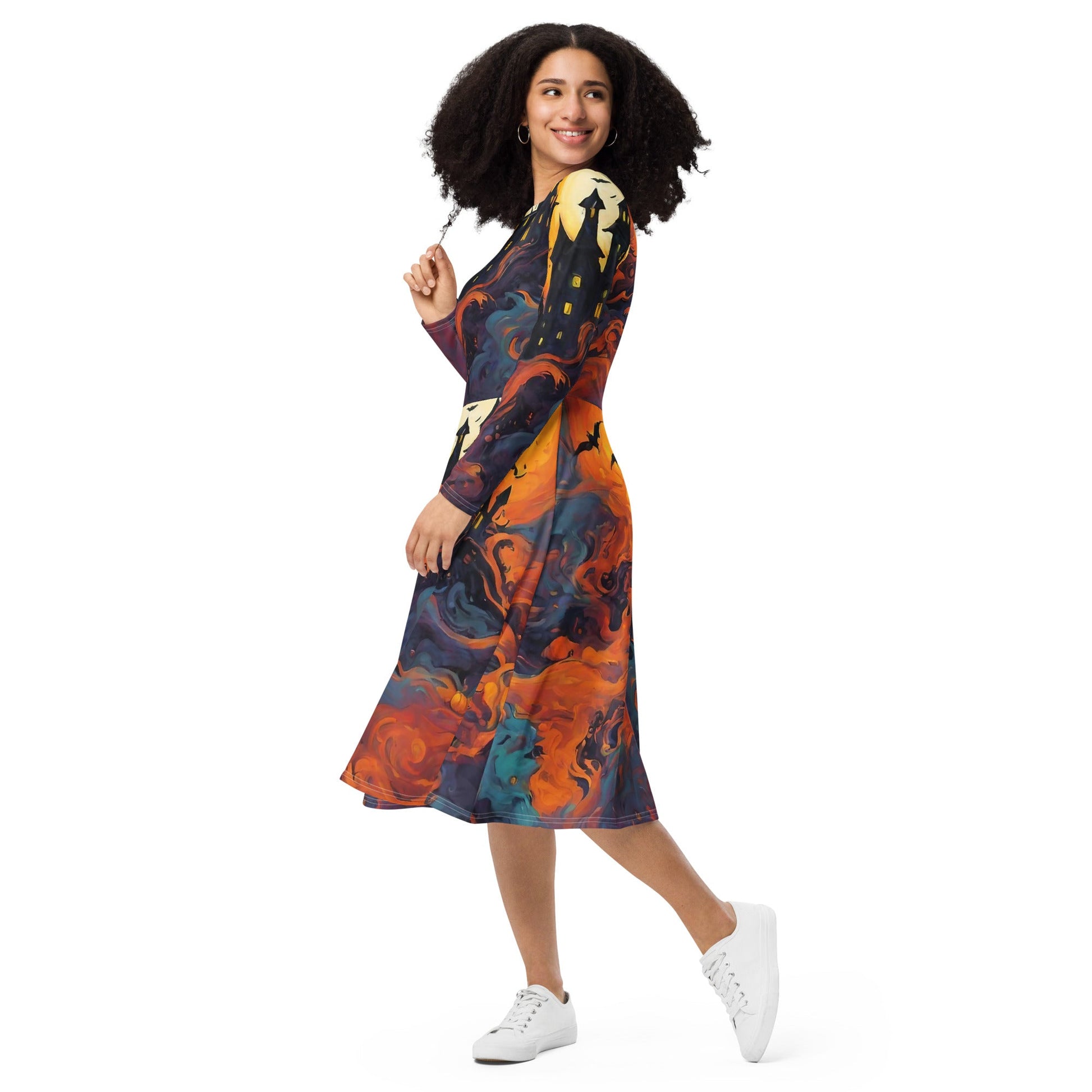 All-over print long sleeve midi dress