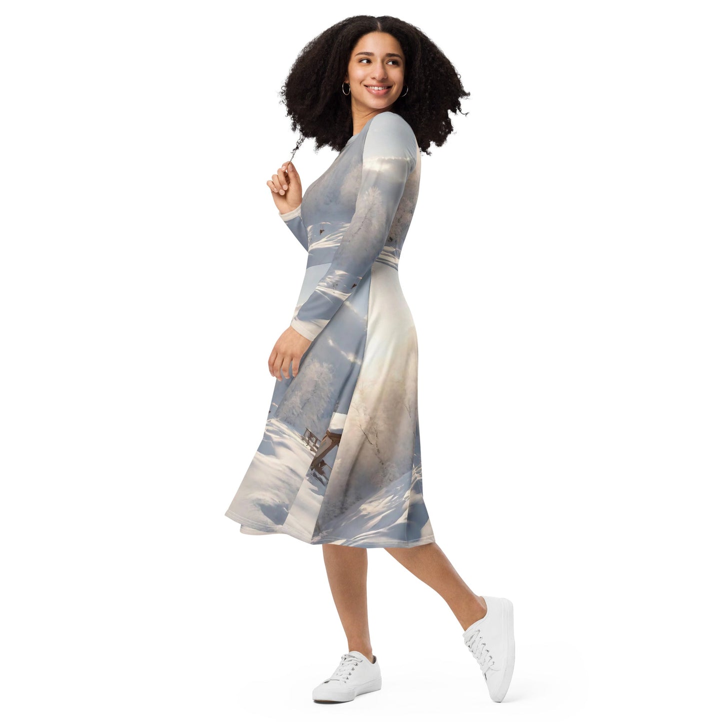 All-over print long sleeve midi dress