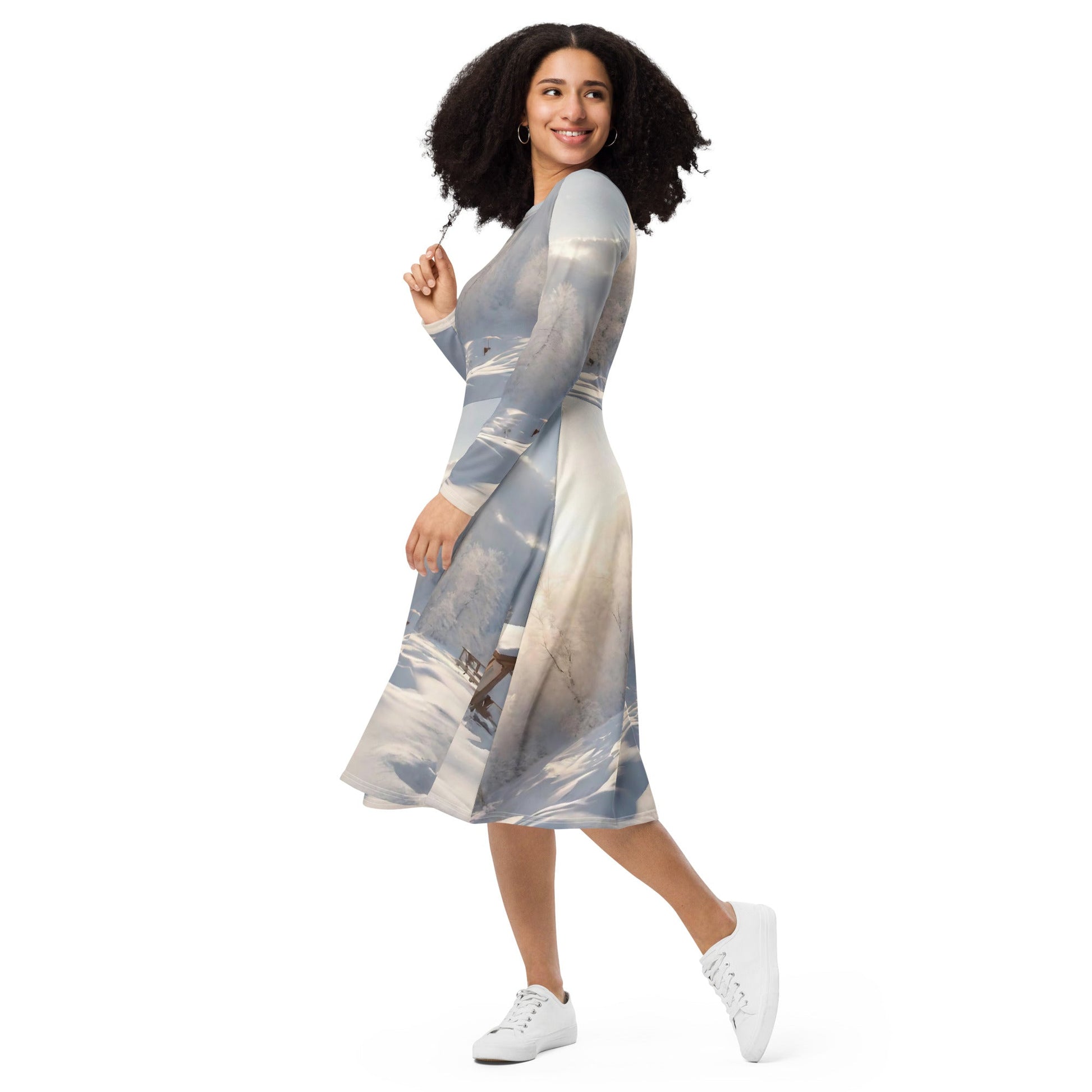 All-over print long sleeve midi dress