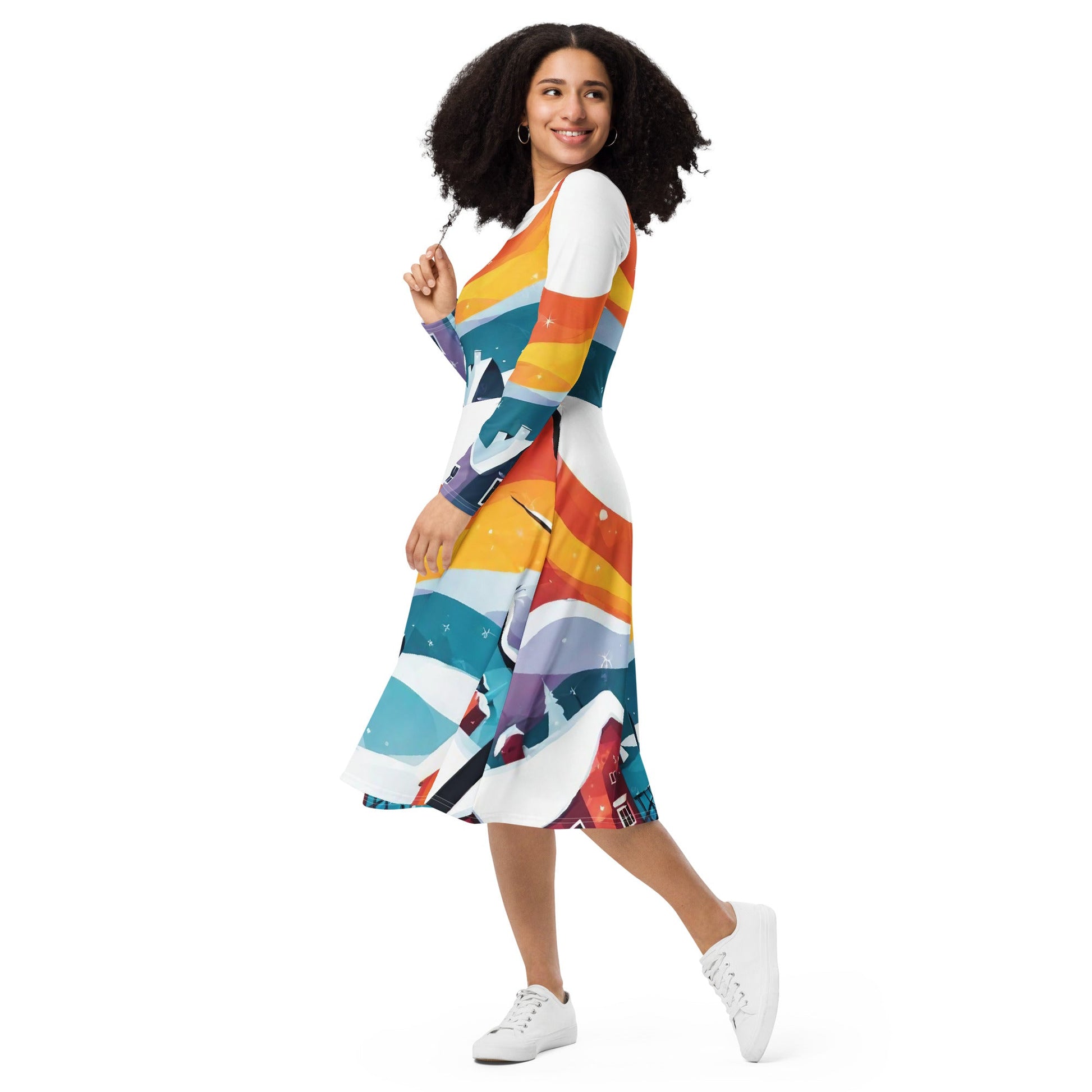 All-over print long sleeve midi dress