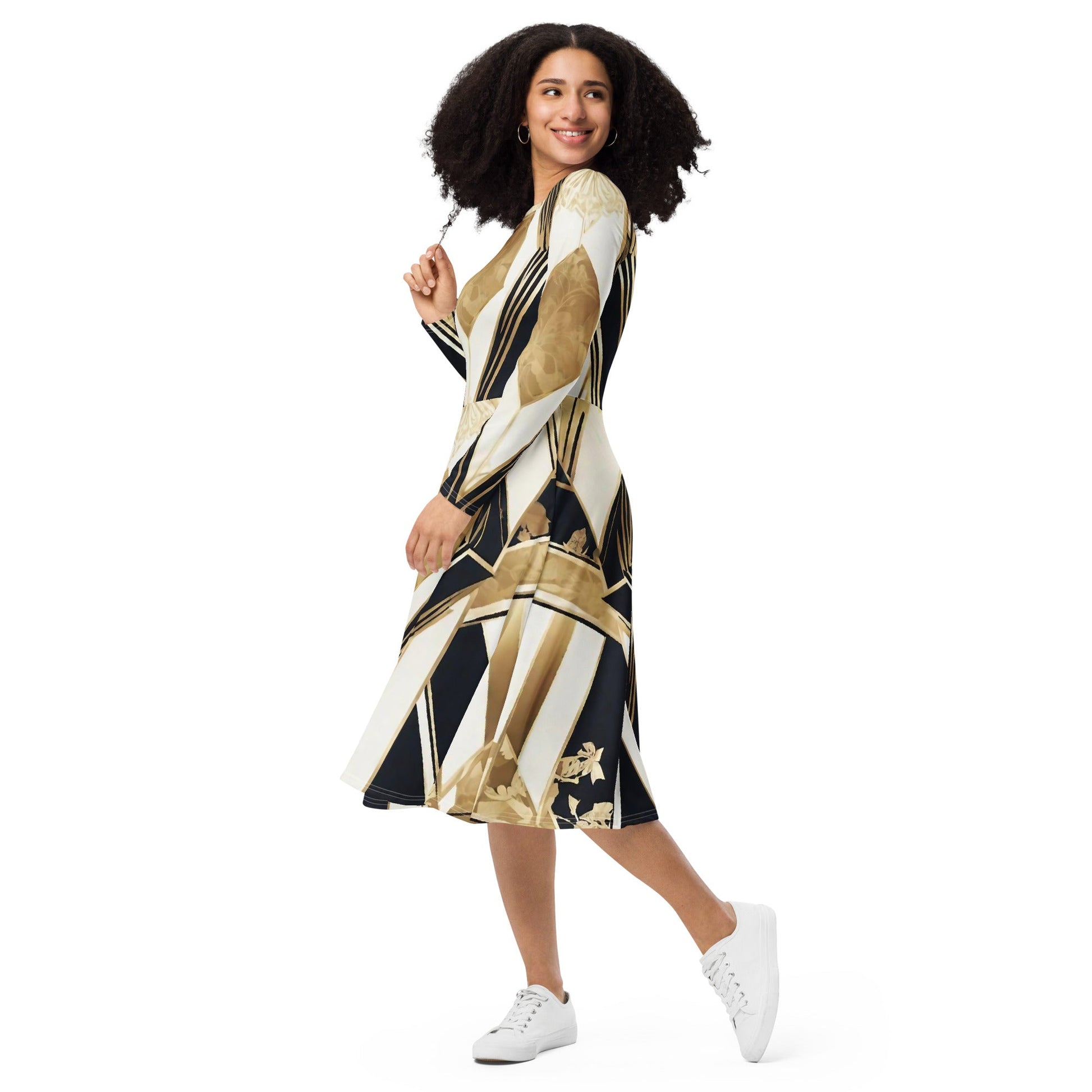All-over print long sleeve midi dress