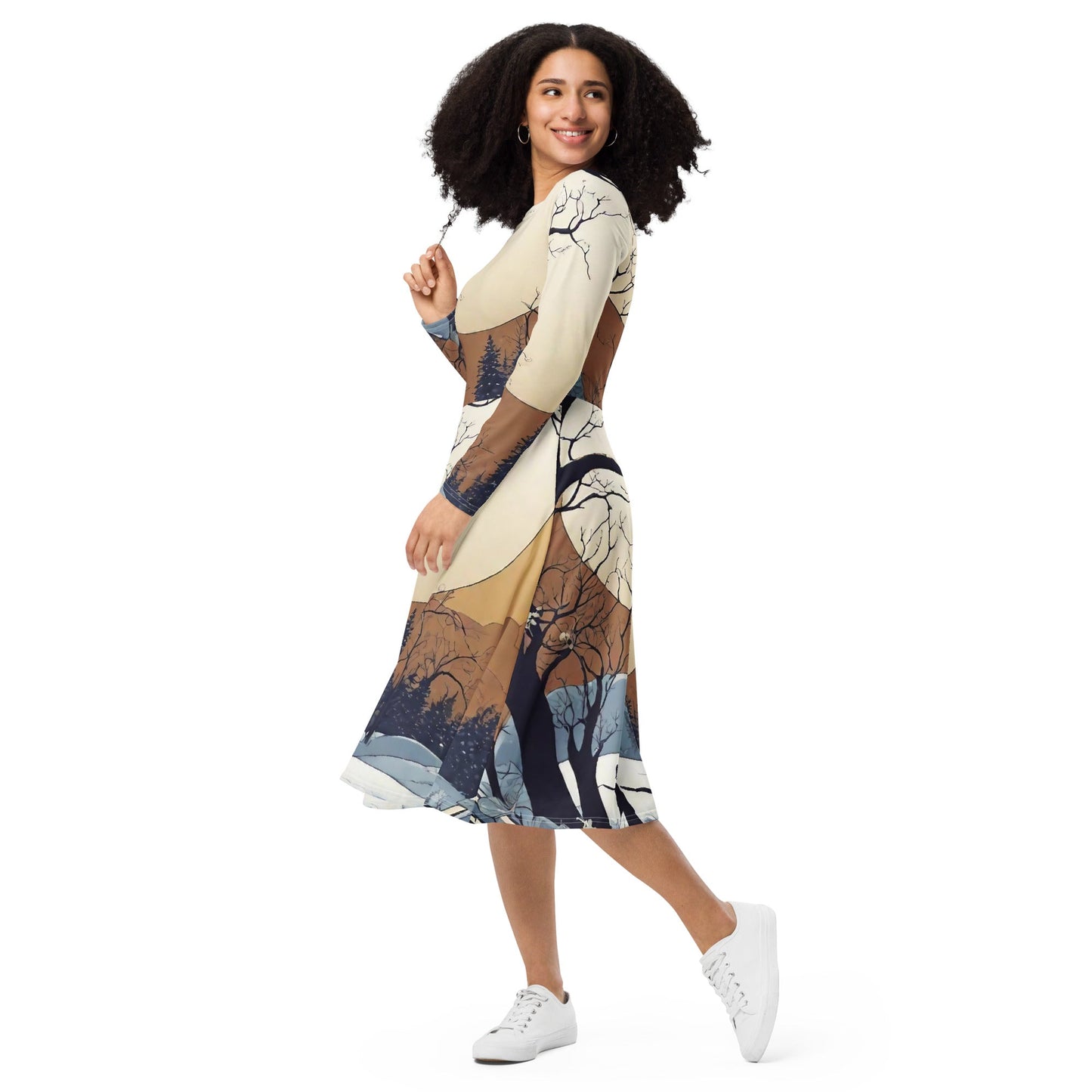 All-over print long sleeve midi dress