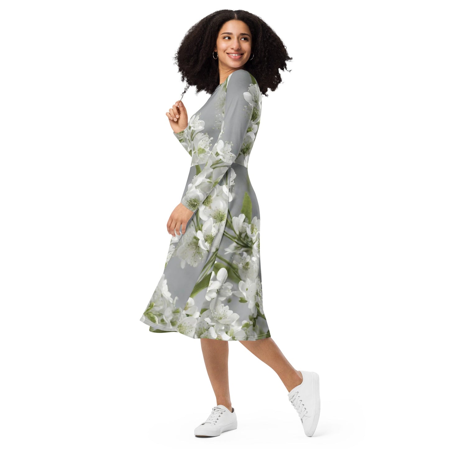 All-over print long sleeve midi dress