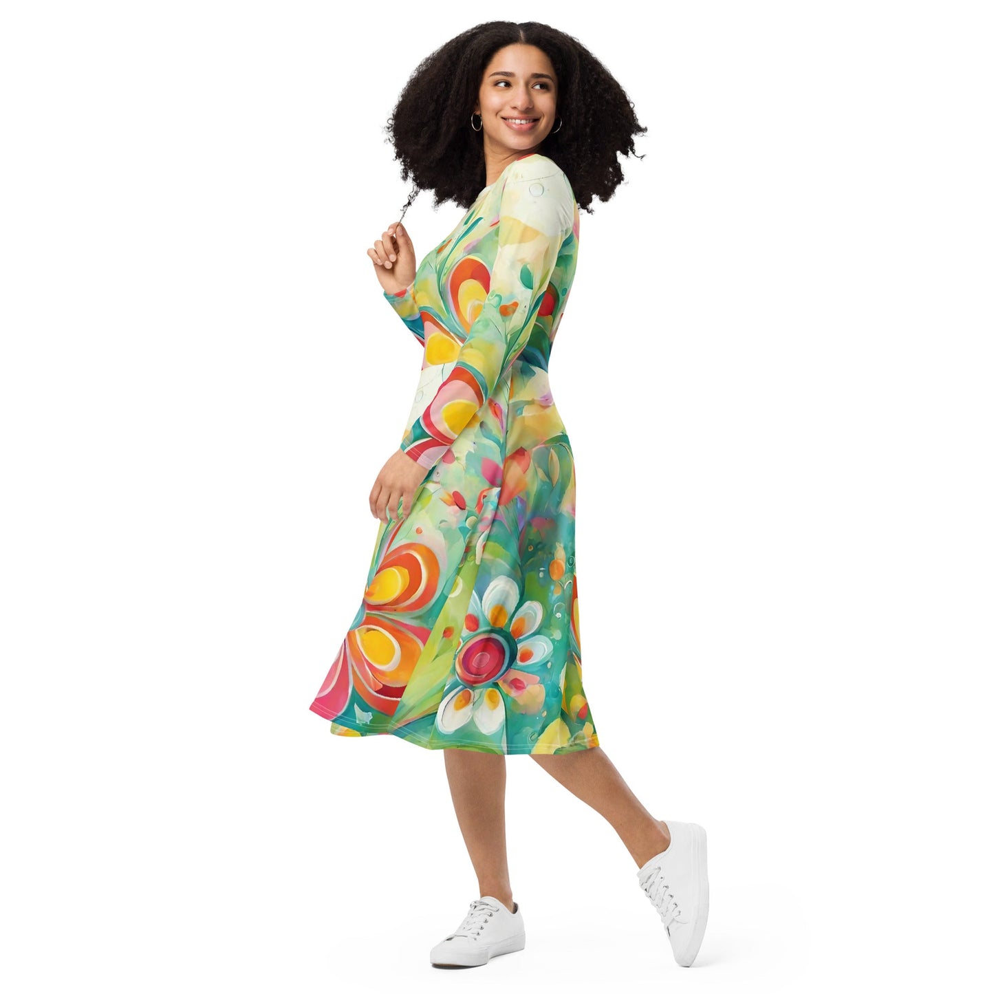 All-over print long sleeve midi dress