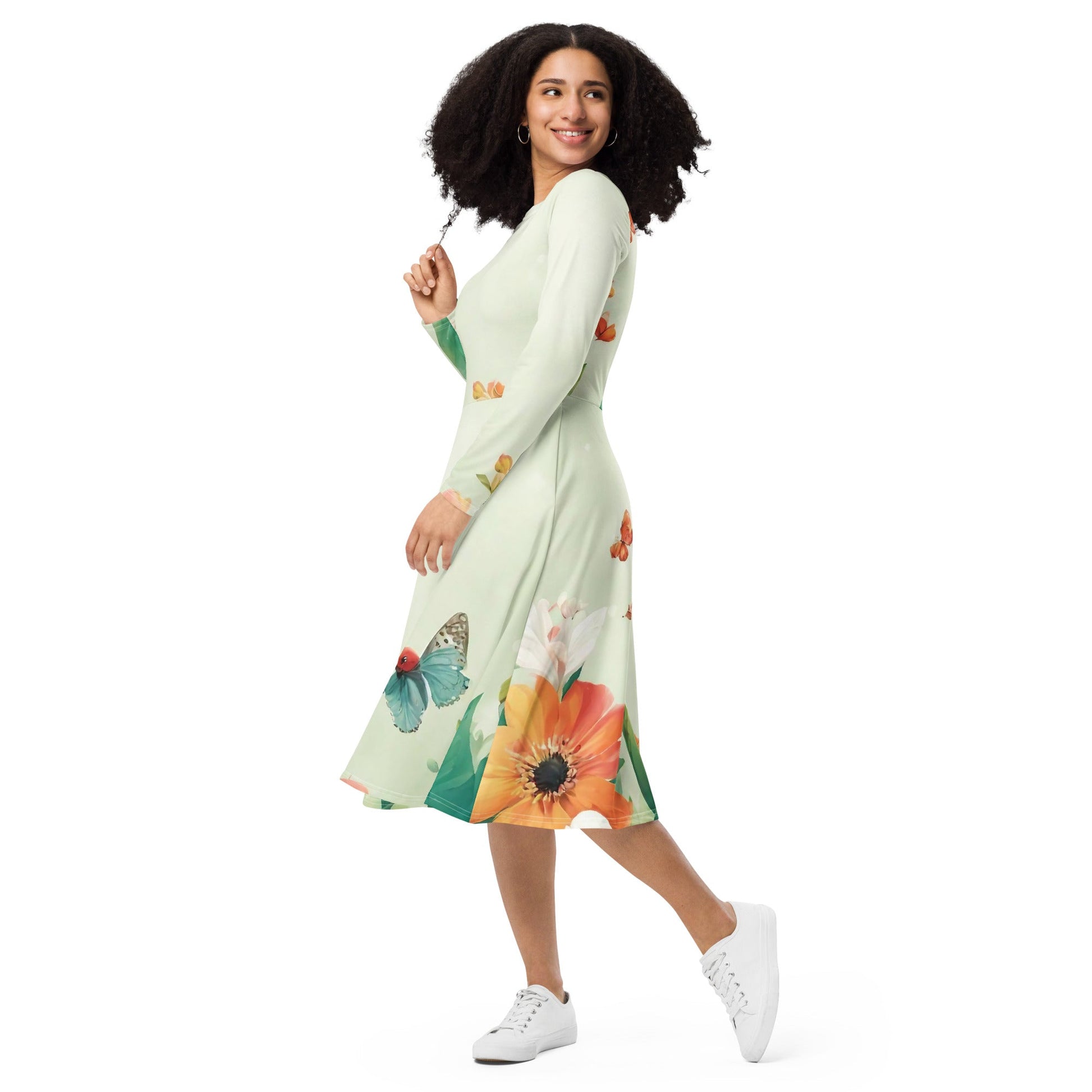 All-over print long sleeve midi dress