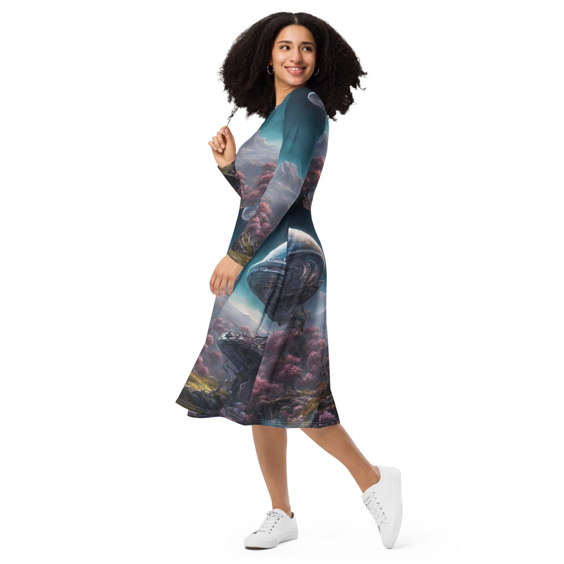 All-over print long sleeve midi dress