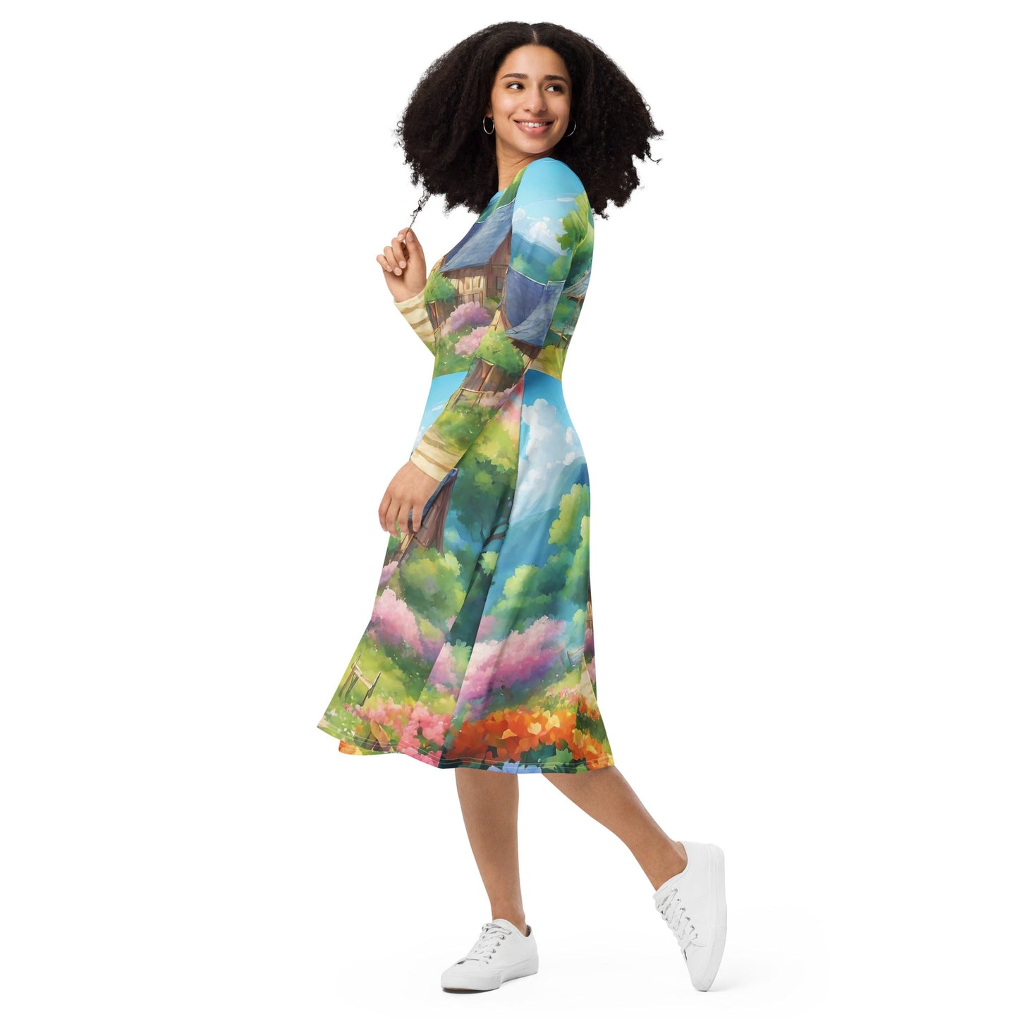 All-over print long sleeve midi dress