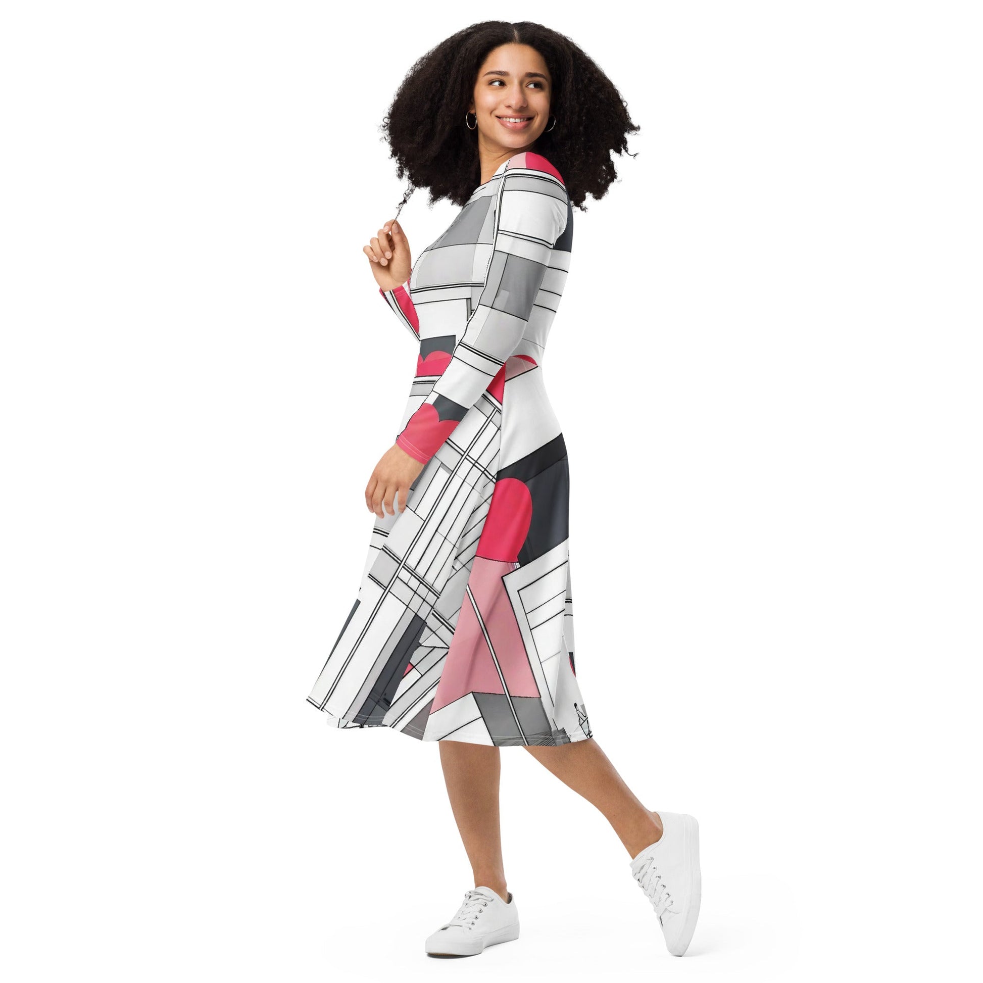 All-over print long sleeve midi dress