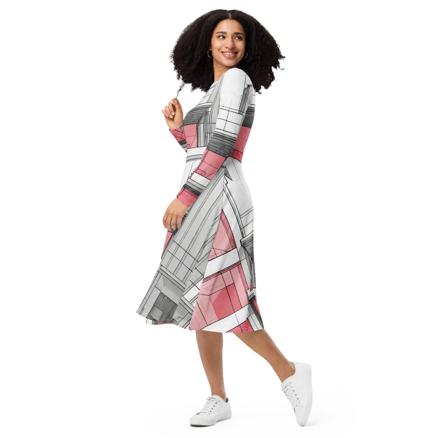 All-over print long sleeve midi dress