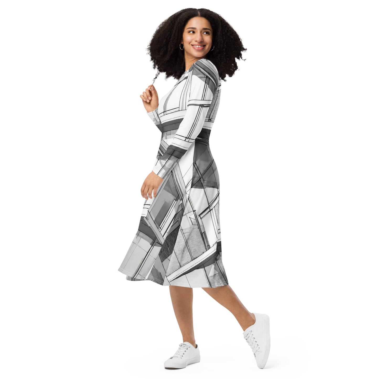 All-over print long sleeve midi dress