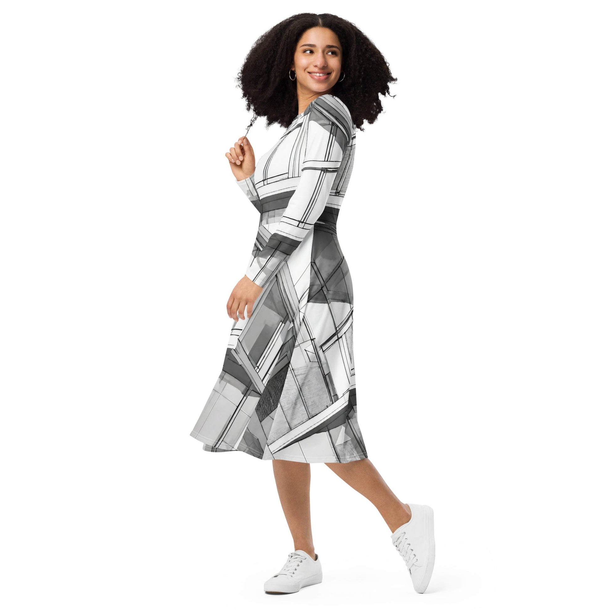 All-over print long sleeve midi dress