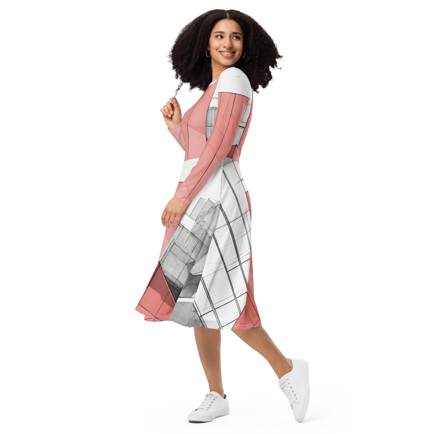 All-over print long sleeve midi dress