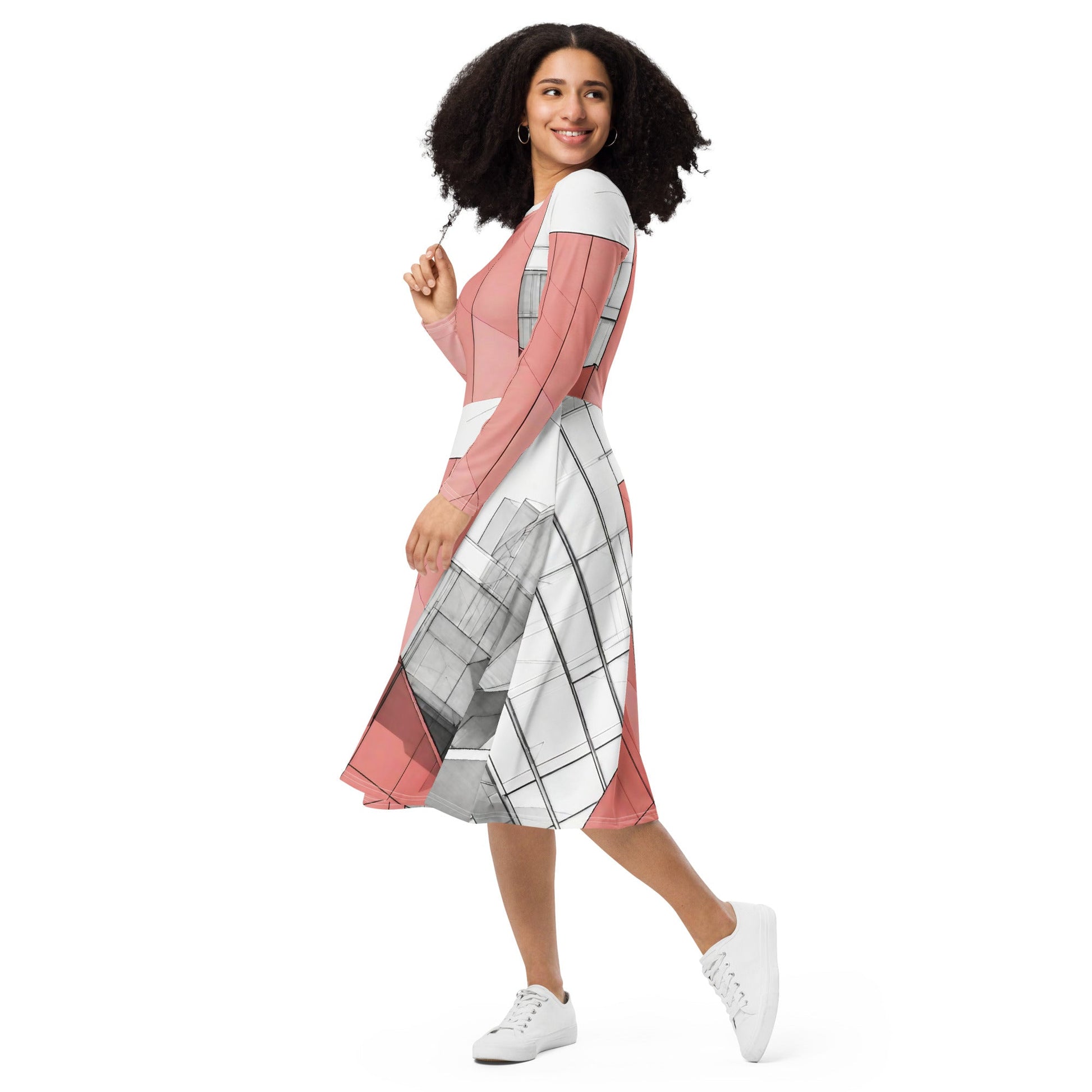 All-over print long sleeve midi dress