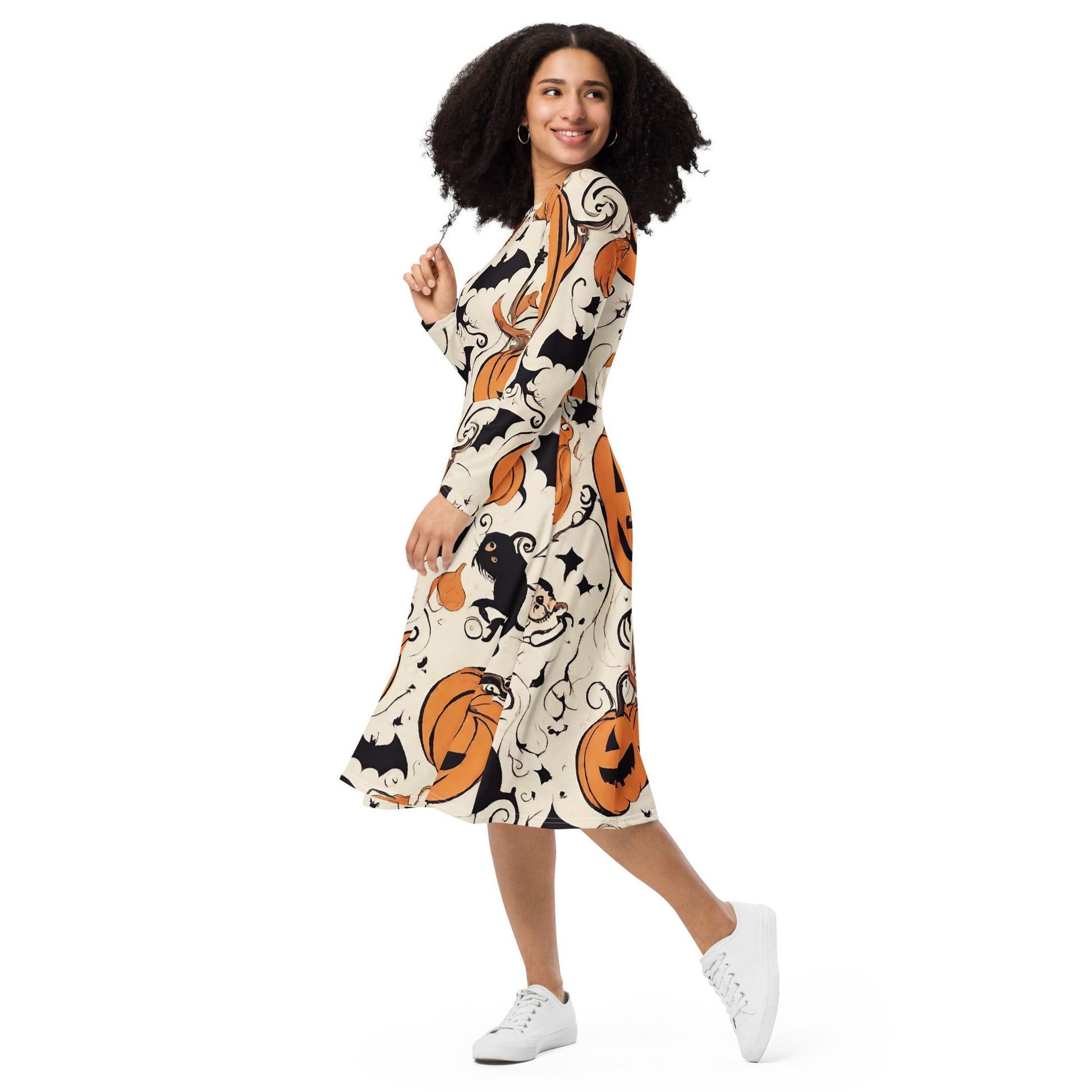 All-over print long sleeve midi dress