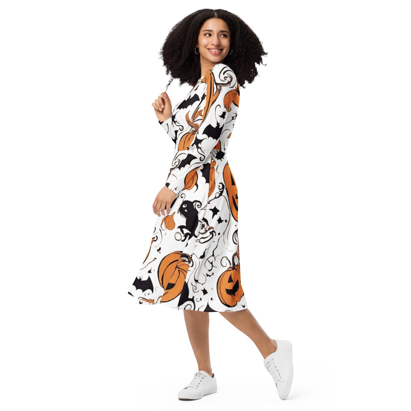 All-over print long sleeve midi dress