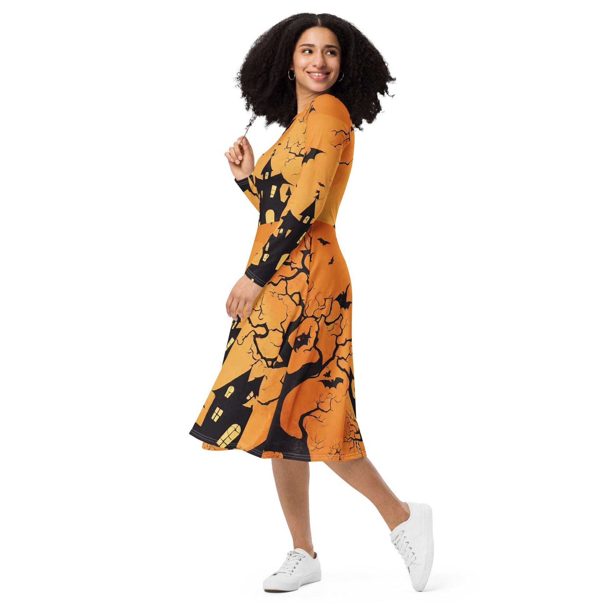 All-over print long sleeve midi dress