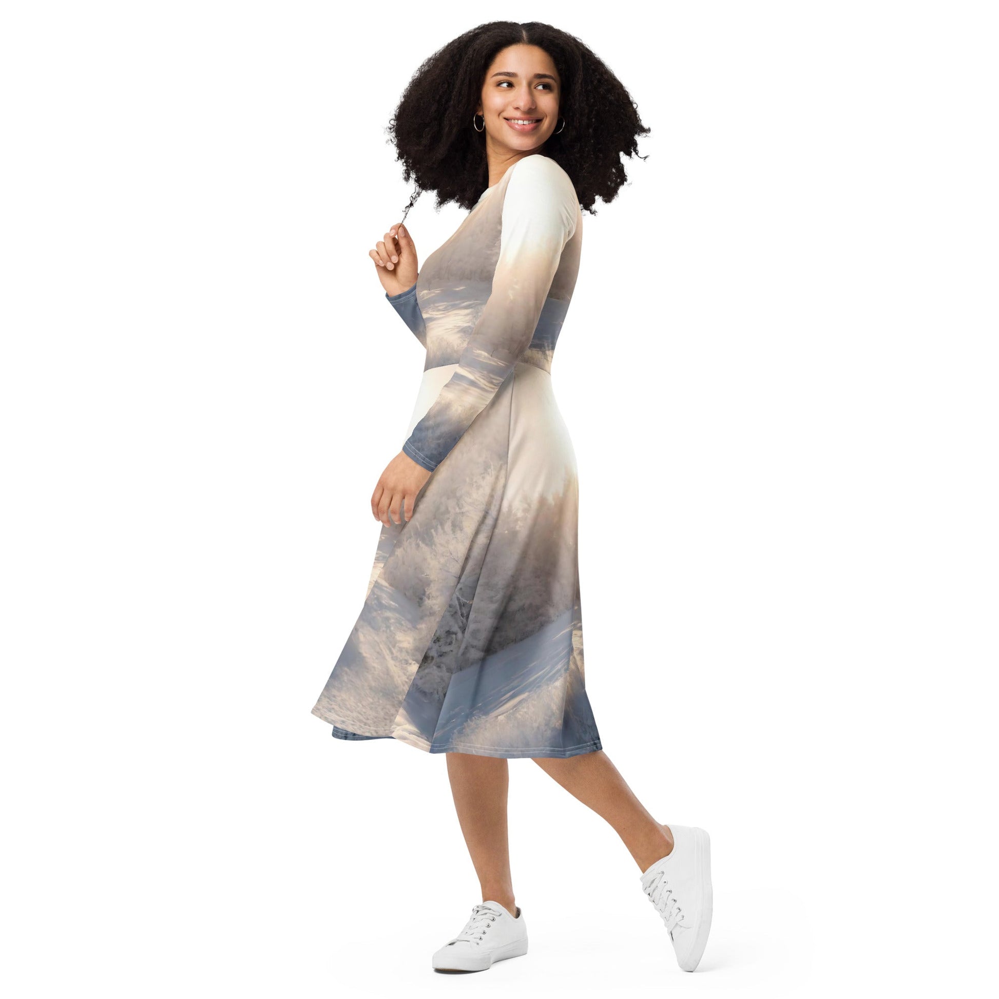 All-over print long sleeve midi dress