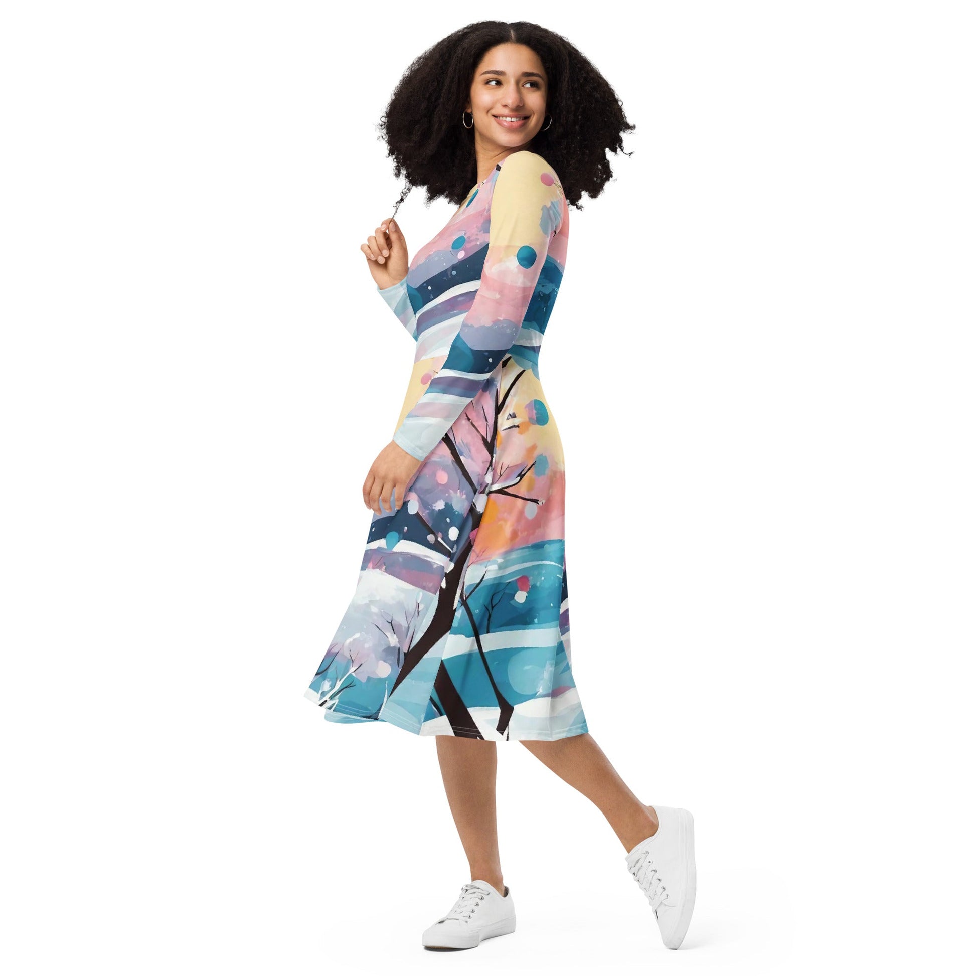 All-over print long sleeve midi dress