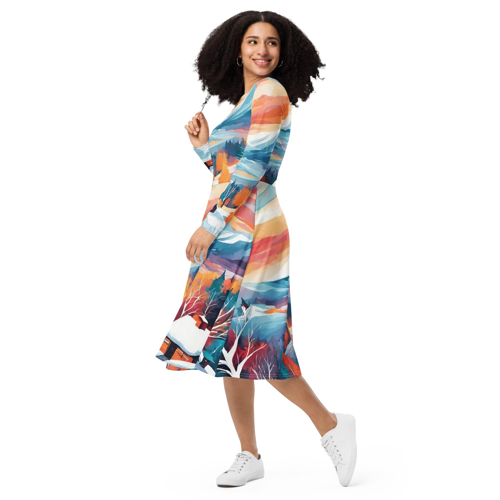 All-over print long sleeve midi dress