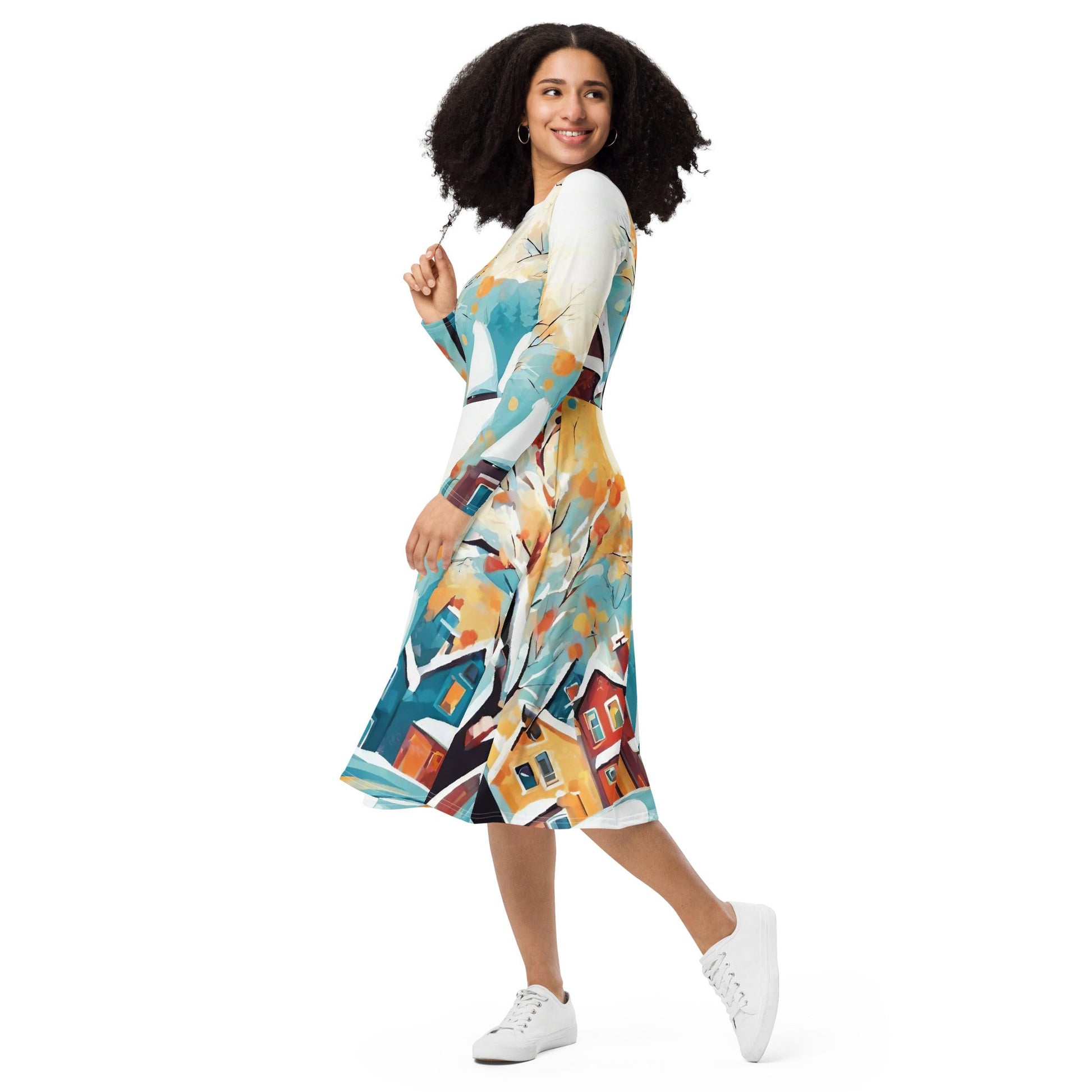 All-over print long sleeve midi dress